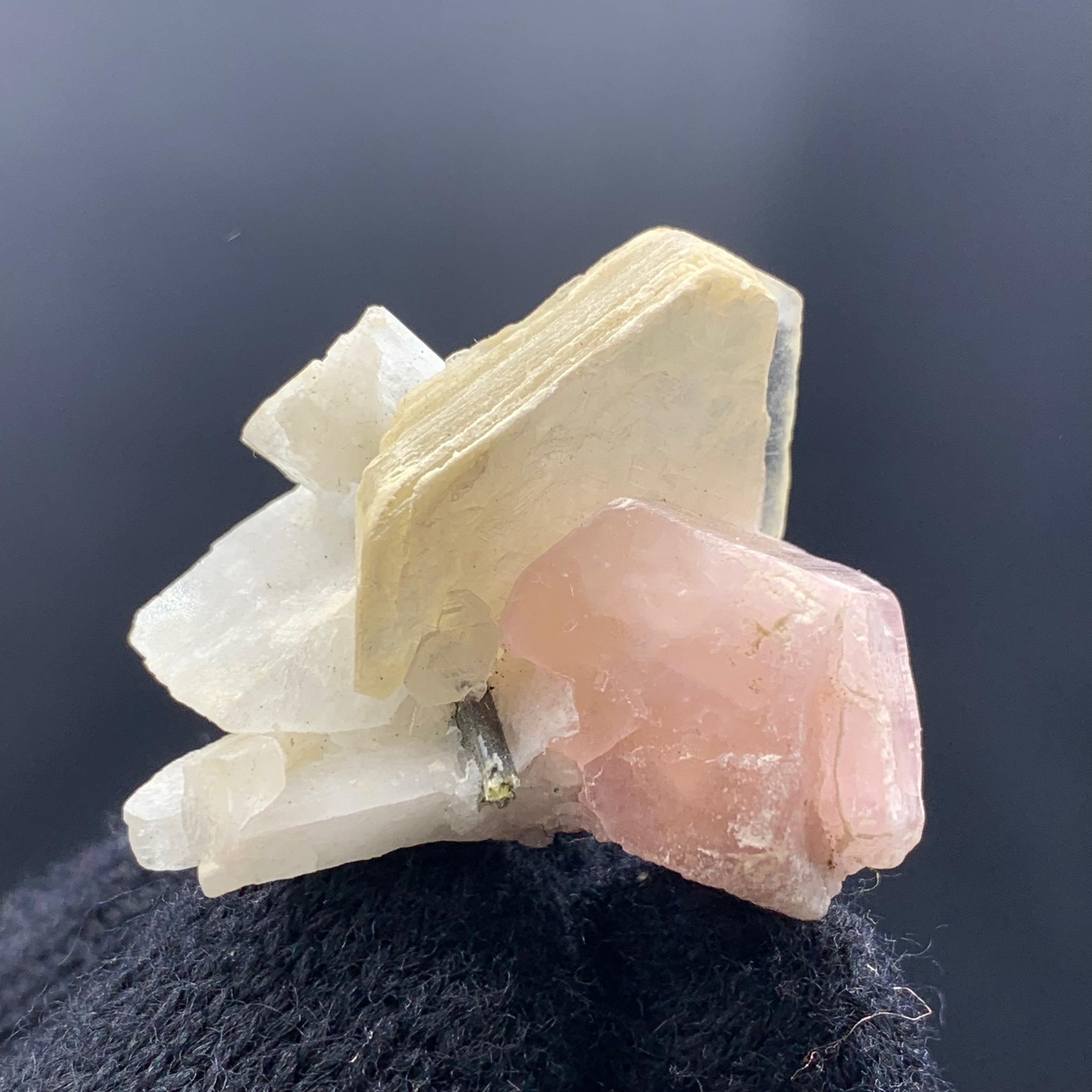 Cristal de roche Jolie apatite rose joliment positionnée sur le mica avec tourmaline en vente