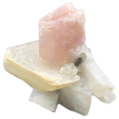 Bella apatite rosa ben posizionata sulla mica con tormalina