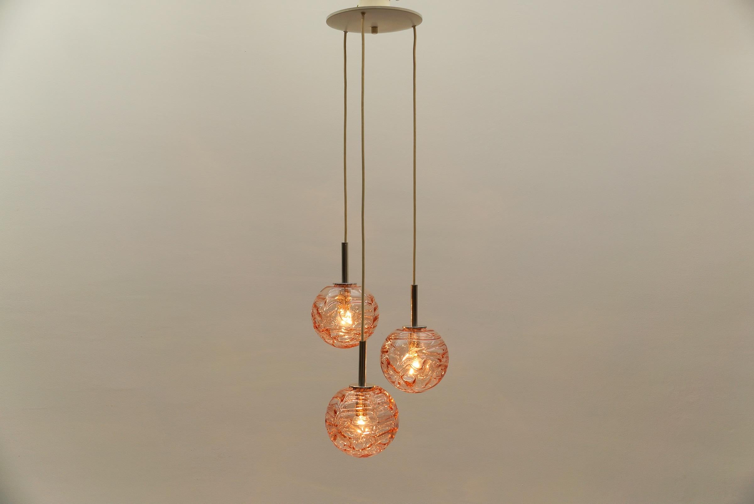 Mid-Century Modern Lovely Pink Murano Glass Ball Pendant Cascading Lamp by Doria, - 1960s Germany
