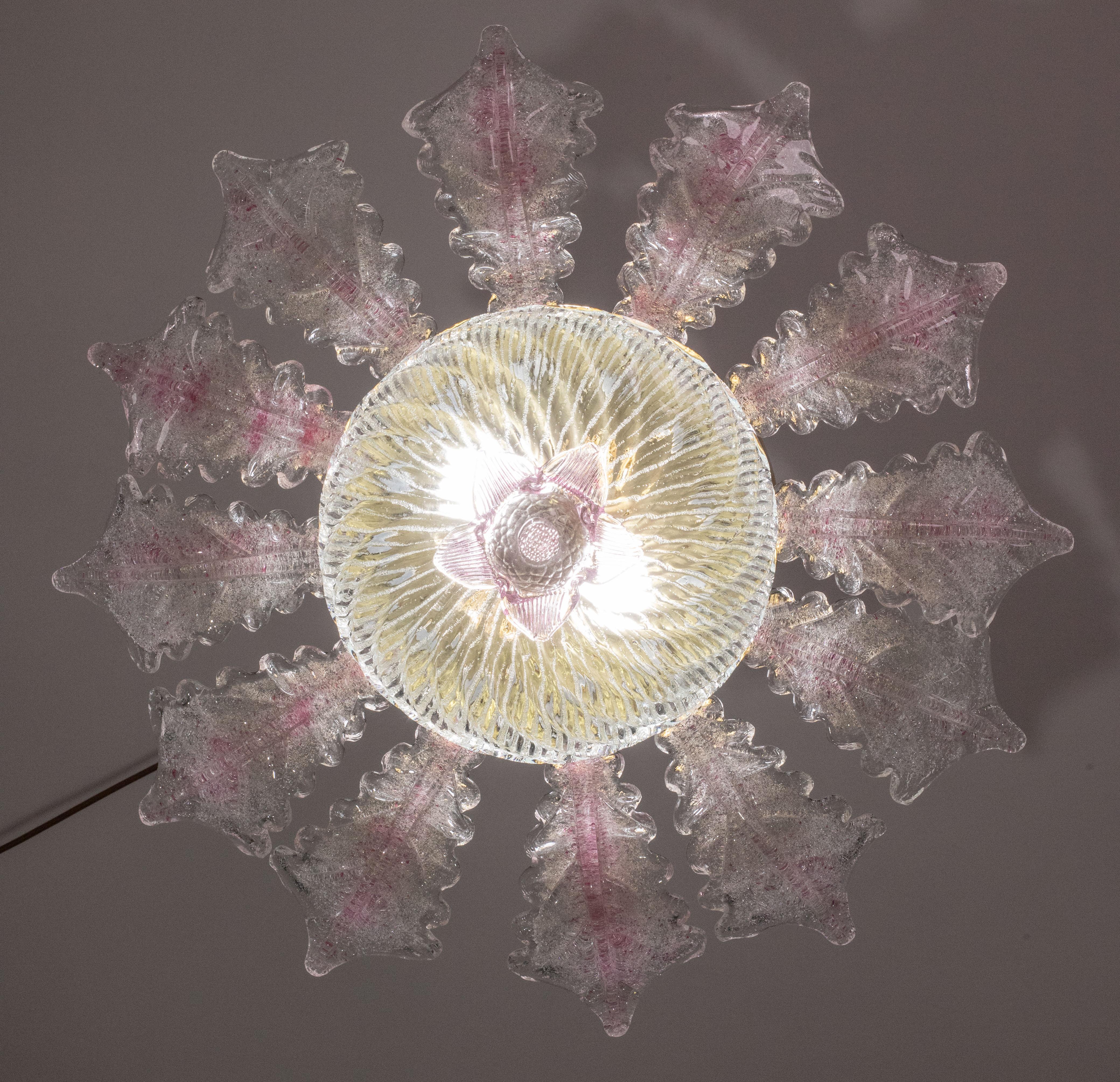 Lovely Pink Murano Glass Leave Ceiling Light or Chandelier, 1970s For Sale 7
