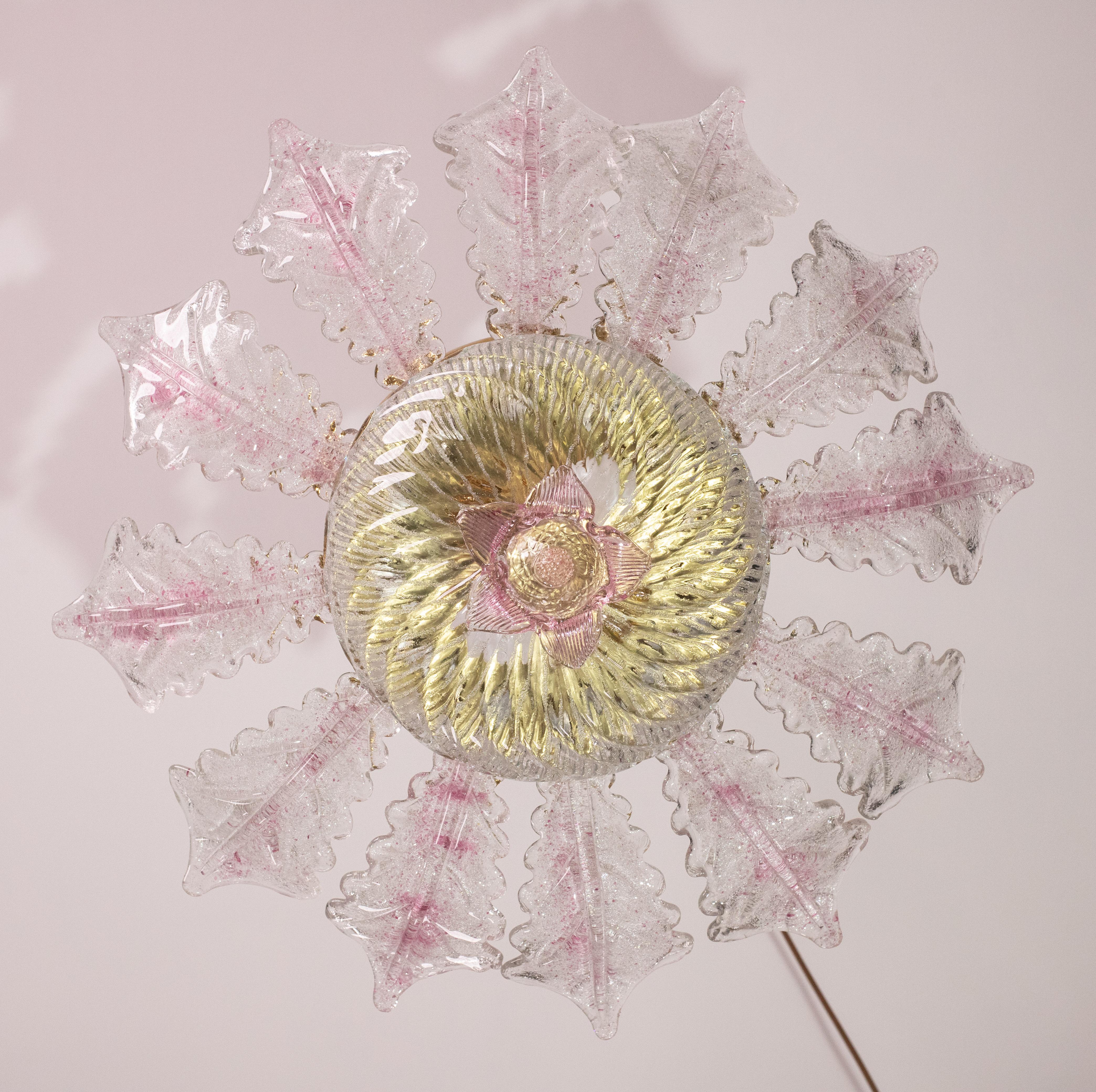 Lovely Pink Murano Glass Leave Ceiling Light or Chandelier, 1970s For Sale 8