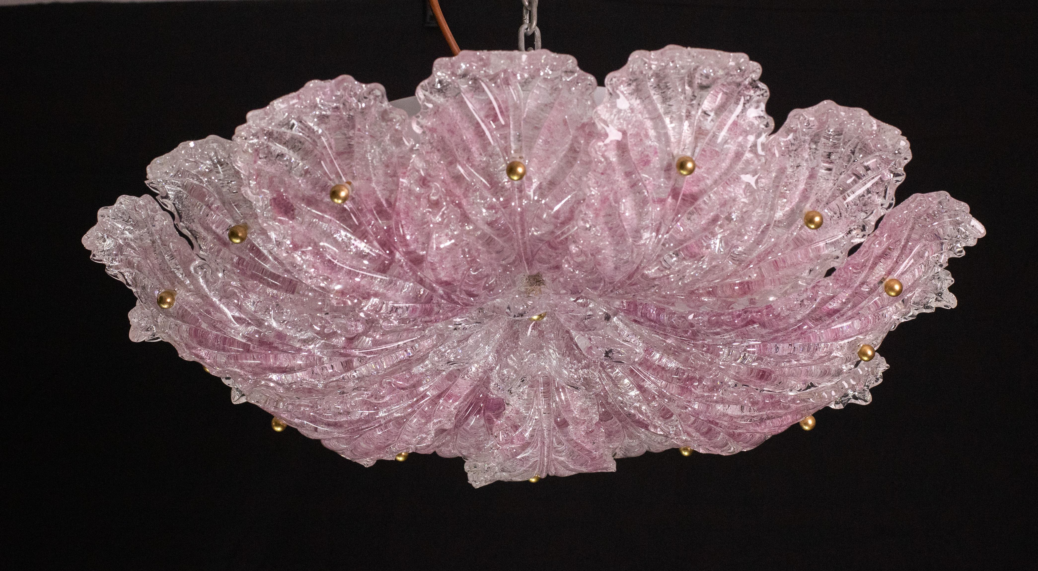 Lovely Pink Murano Glass Leave Ceiling Light or Chandelier, 1970s In Good Condition In Roma, IT