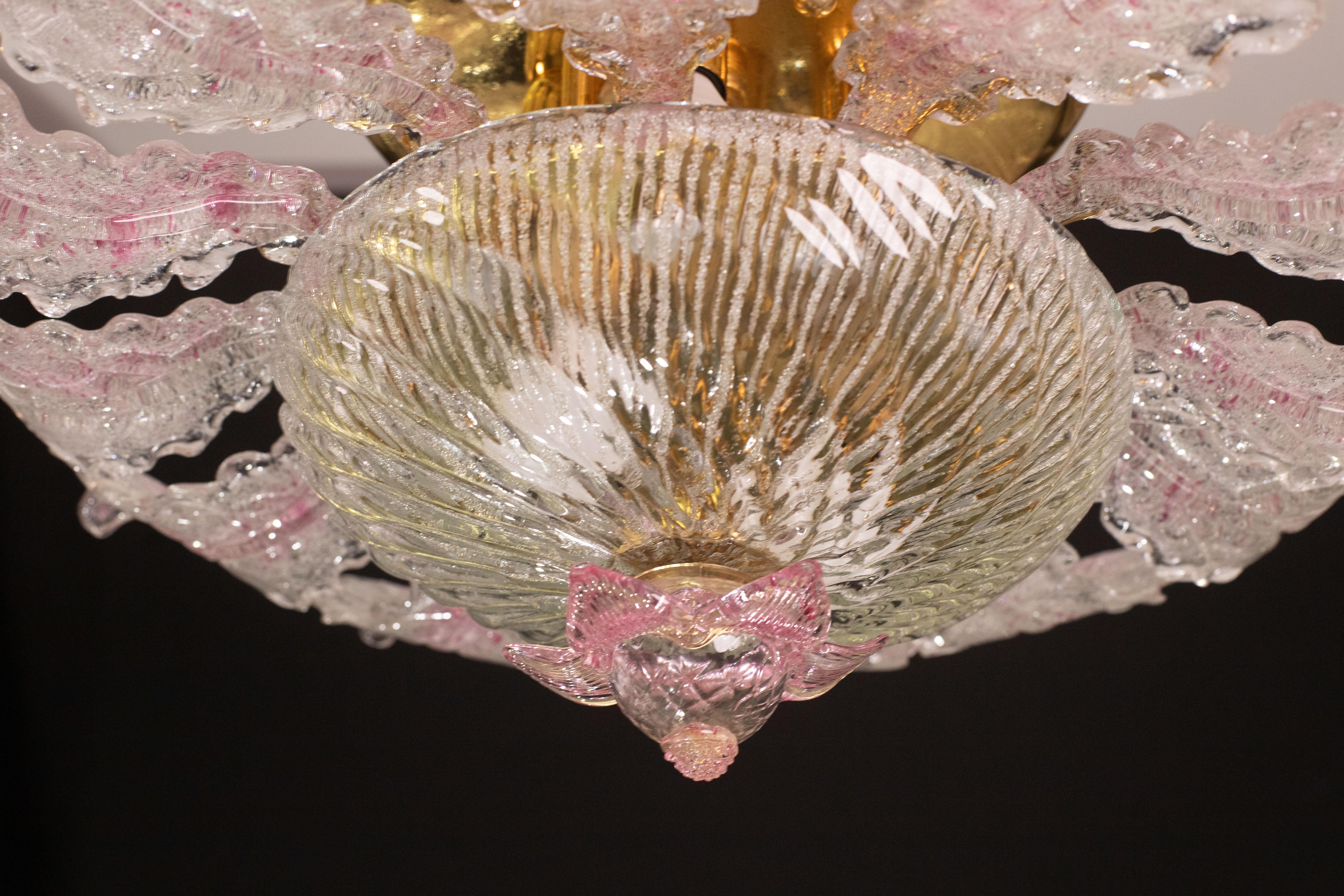 Lovely Pink Murano Glass Leave Ceiling Light or Chandelier, 1970s In Good Condition For Sale In Roma, IT