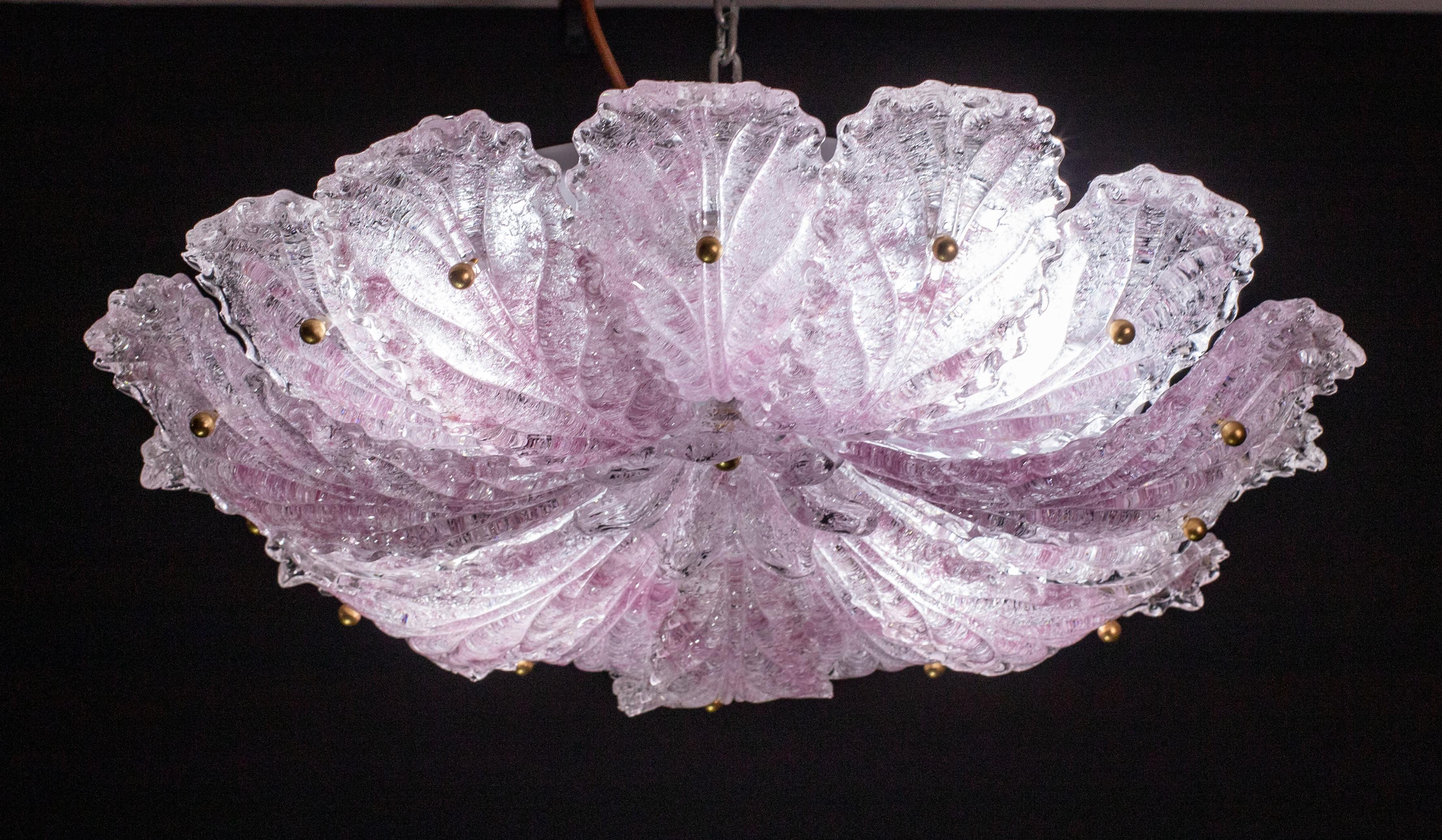 Late 20th Century Lovely Pink Murano Glass Leave Ceiling Light or Chandelier, 1970s For Sale