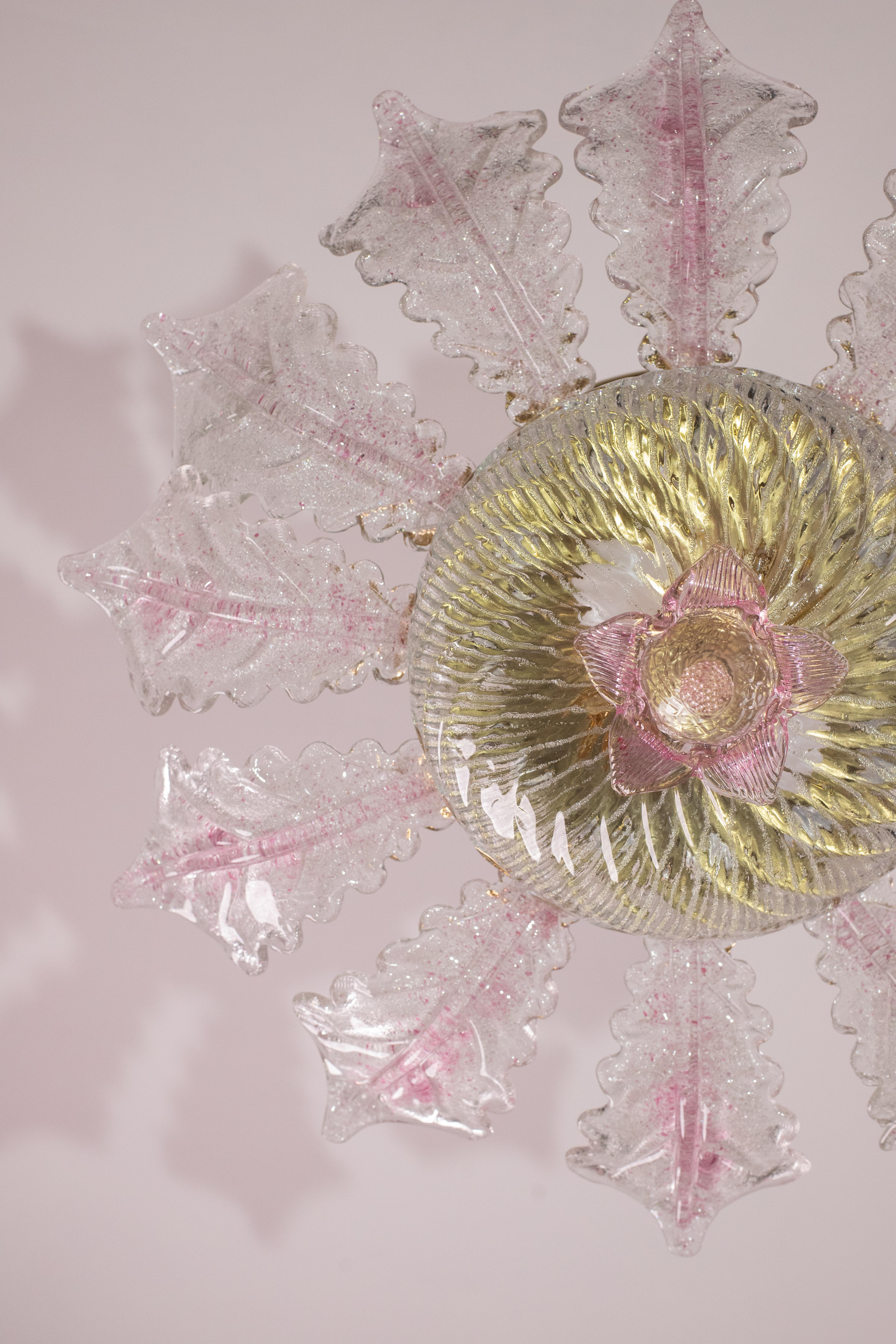Late 20th Century Lovely Pink Murano Glass Leave Ceiling Light or Chandelier, 1970s For Sale