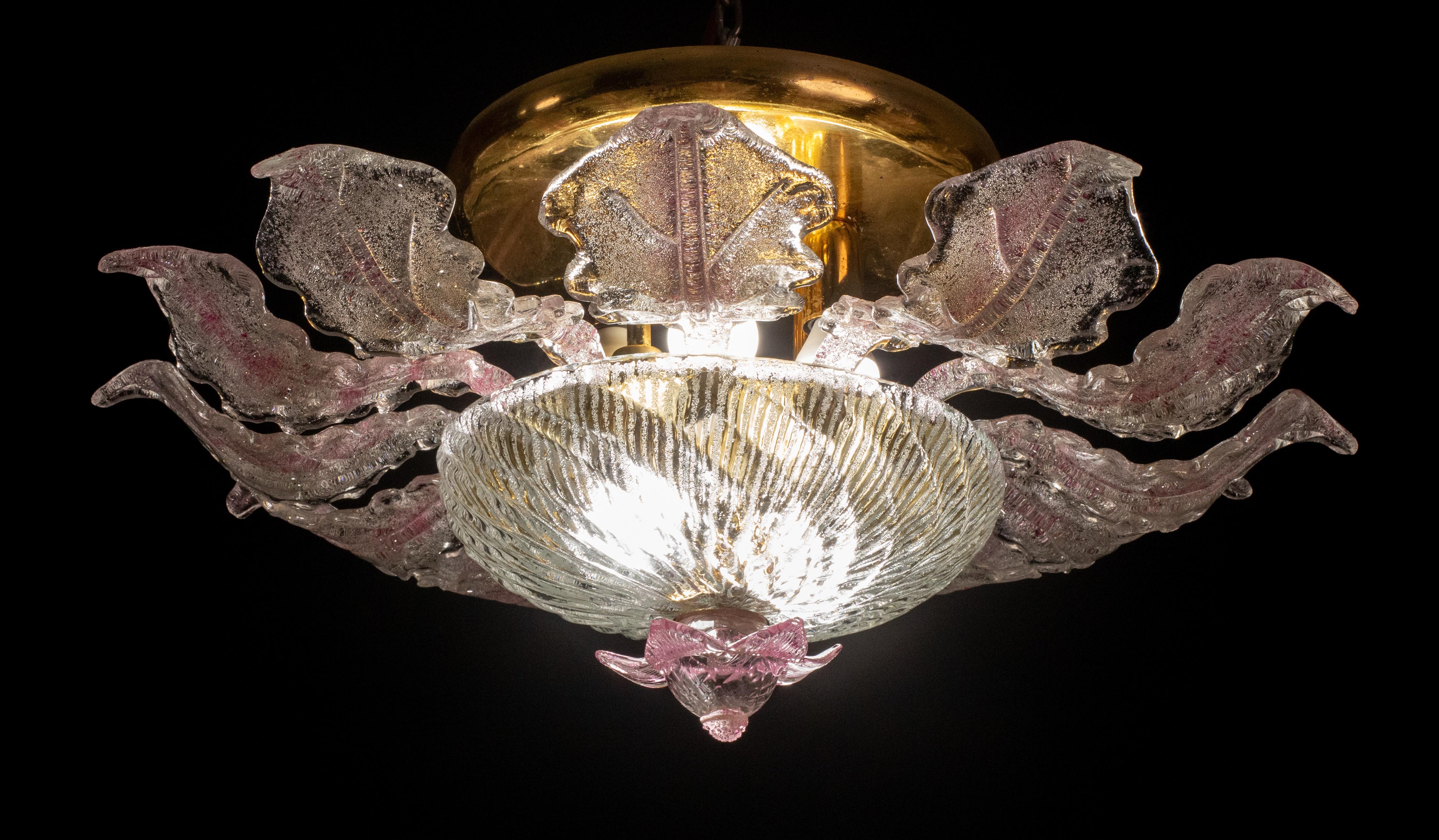 Lovely Pink Murano Glass Leave Ceiling Light or Chandelier, 1970s For Sale 3