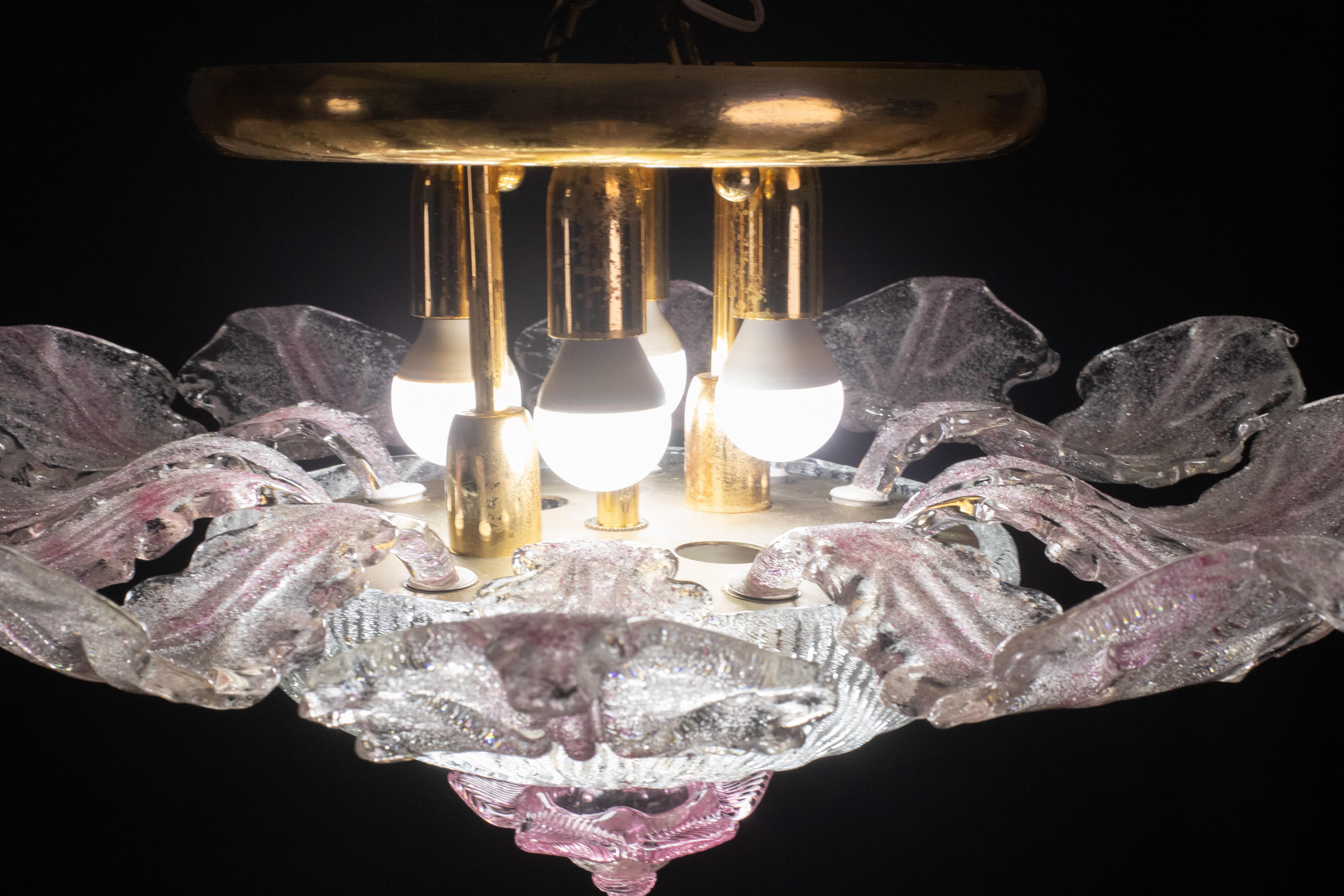 Lovely Pink Murano Glass Leave Ceiling Light or Chandelier, 1970s For Sale 4