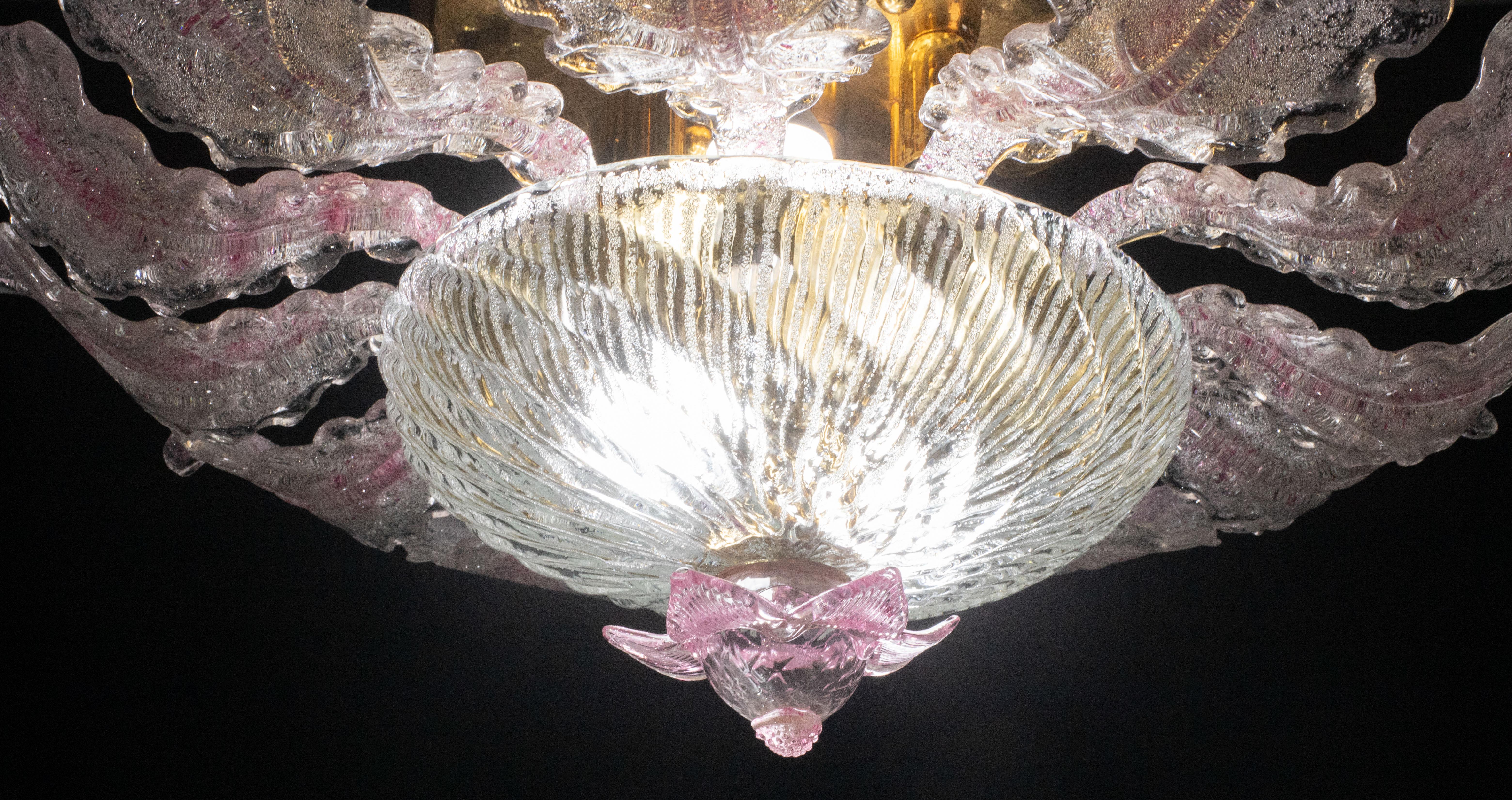 Lovely Pink Murano Glass Leave Ceiling Light or Chandelier, 1970s For Sale 5