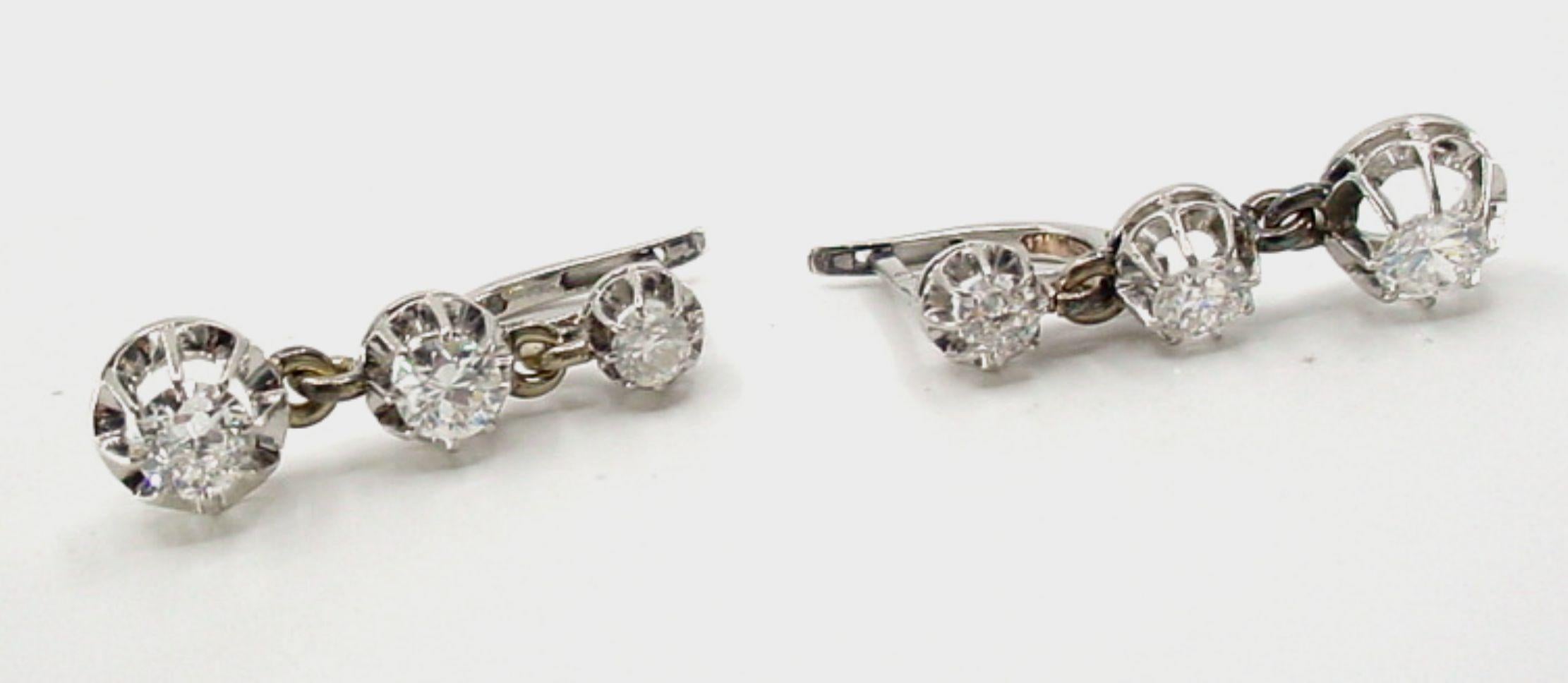 Preciosos Pendientes de Platino Vintage Antiguo de 3 hileras de diamantes de 1,15 ct Victoriano en venta
