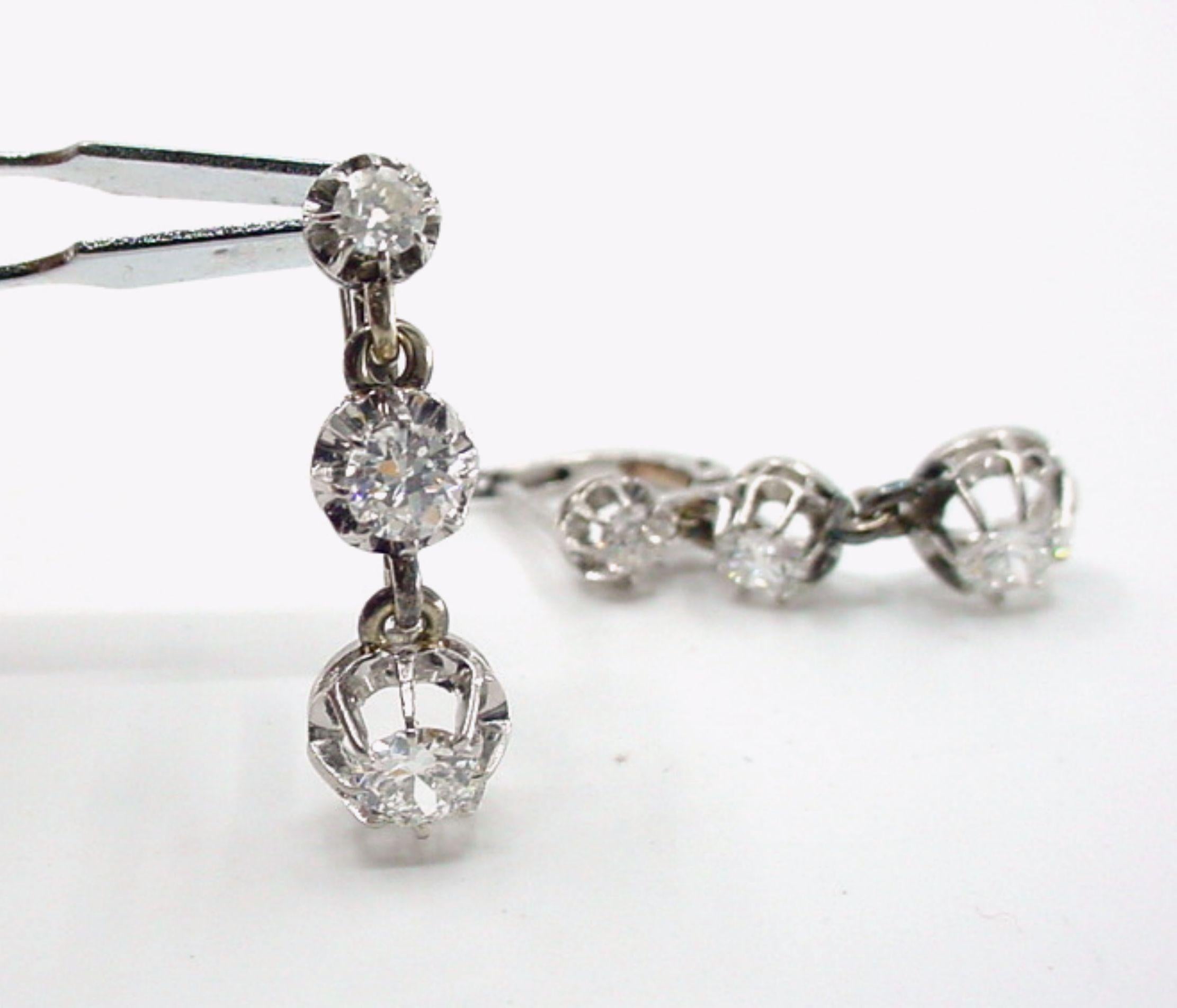 Preciosos Pendientes de Platino Vintage Antiguo de 3 hileras de diamantes de 1,15 ct Corte mixto en venta