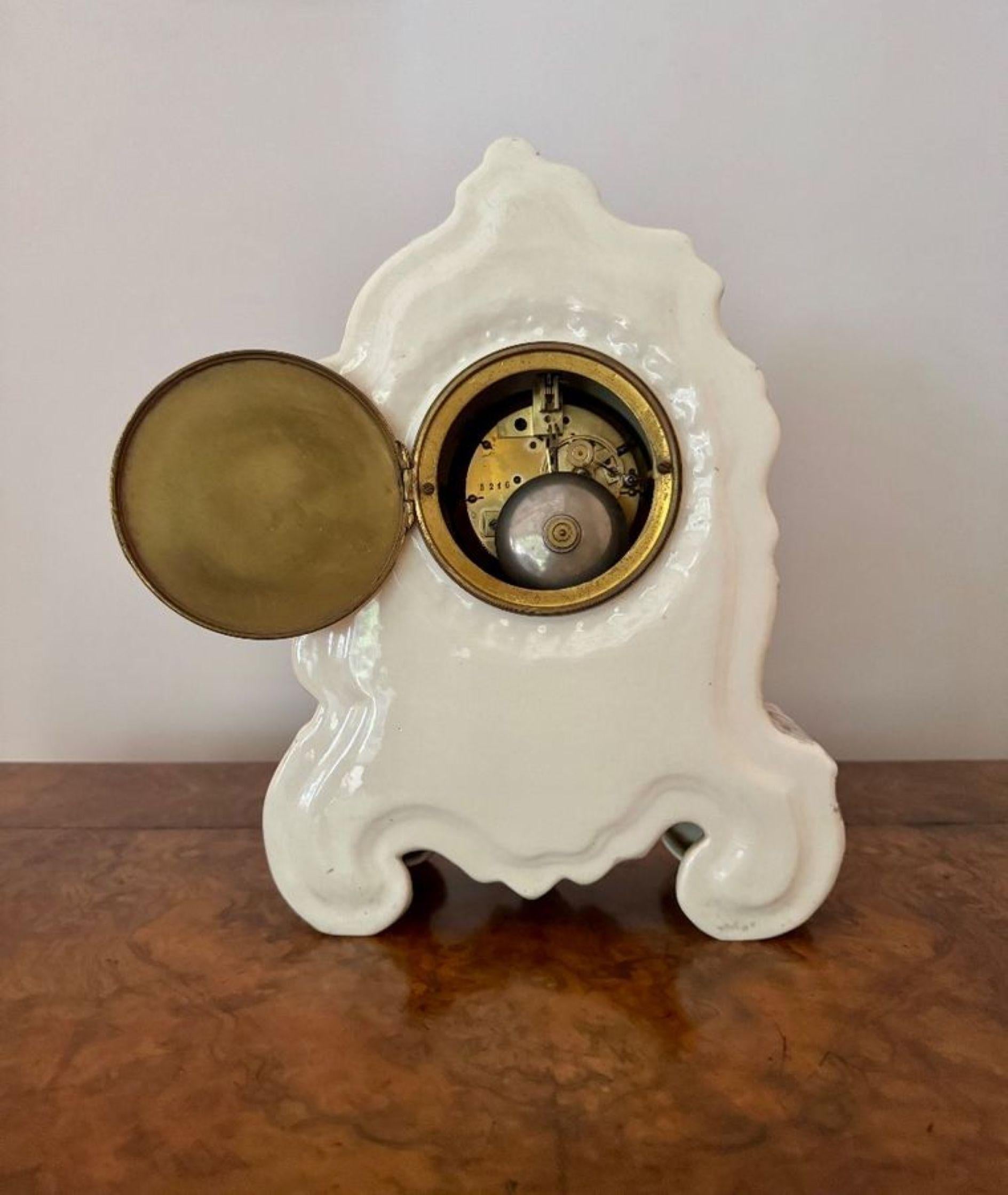 Lovely quality antique late 19th century porcelain mantle clock garniture set For Sale 4