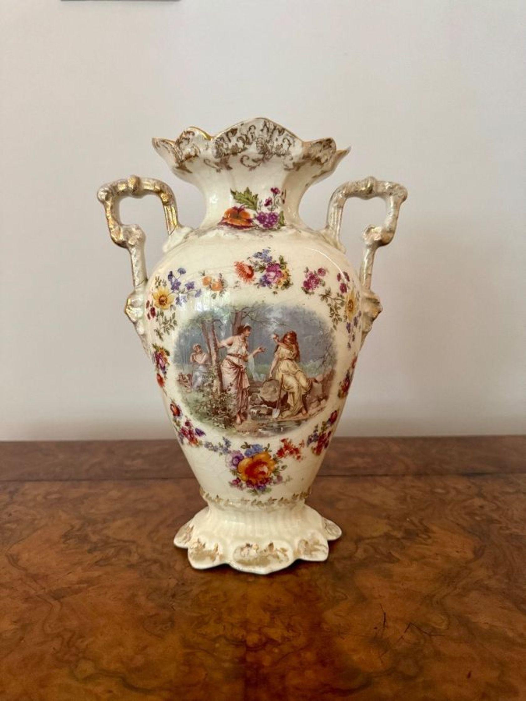 Lovely quality antique late 19th century porcelain mantle clock garniture set, having a shaped mantle clock with a circular dial with Roman numerals and the original hands with a brass bezel, having an eight day movement striking on a bell,