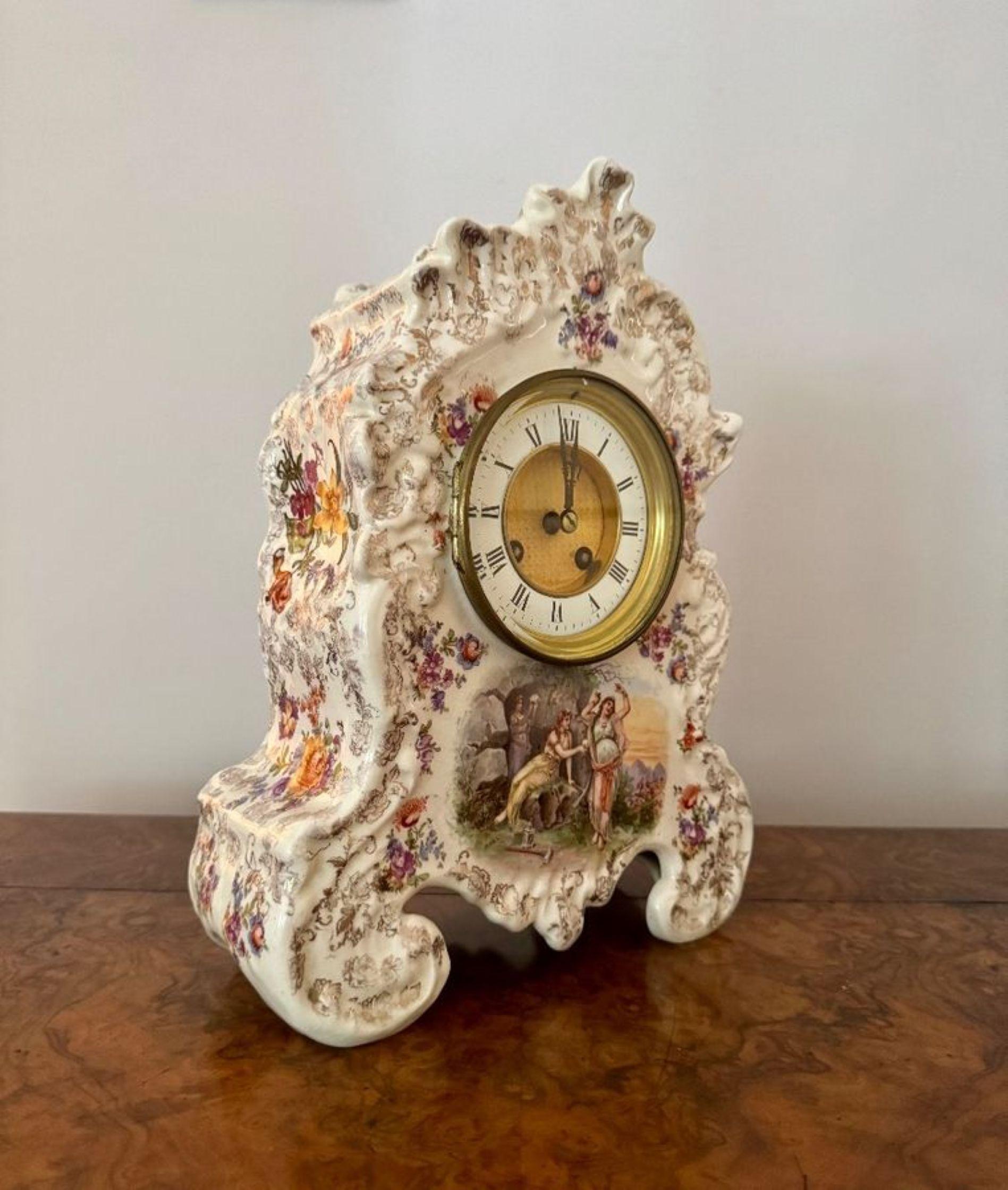 19th Century Lovely quality antique late 19th century porcelain mantle clock garniture set For Sale