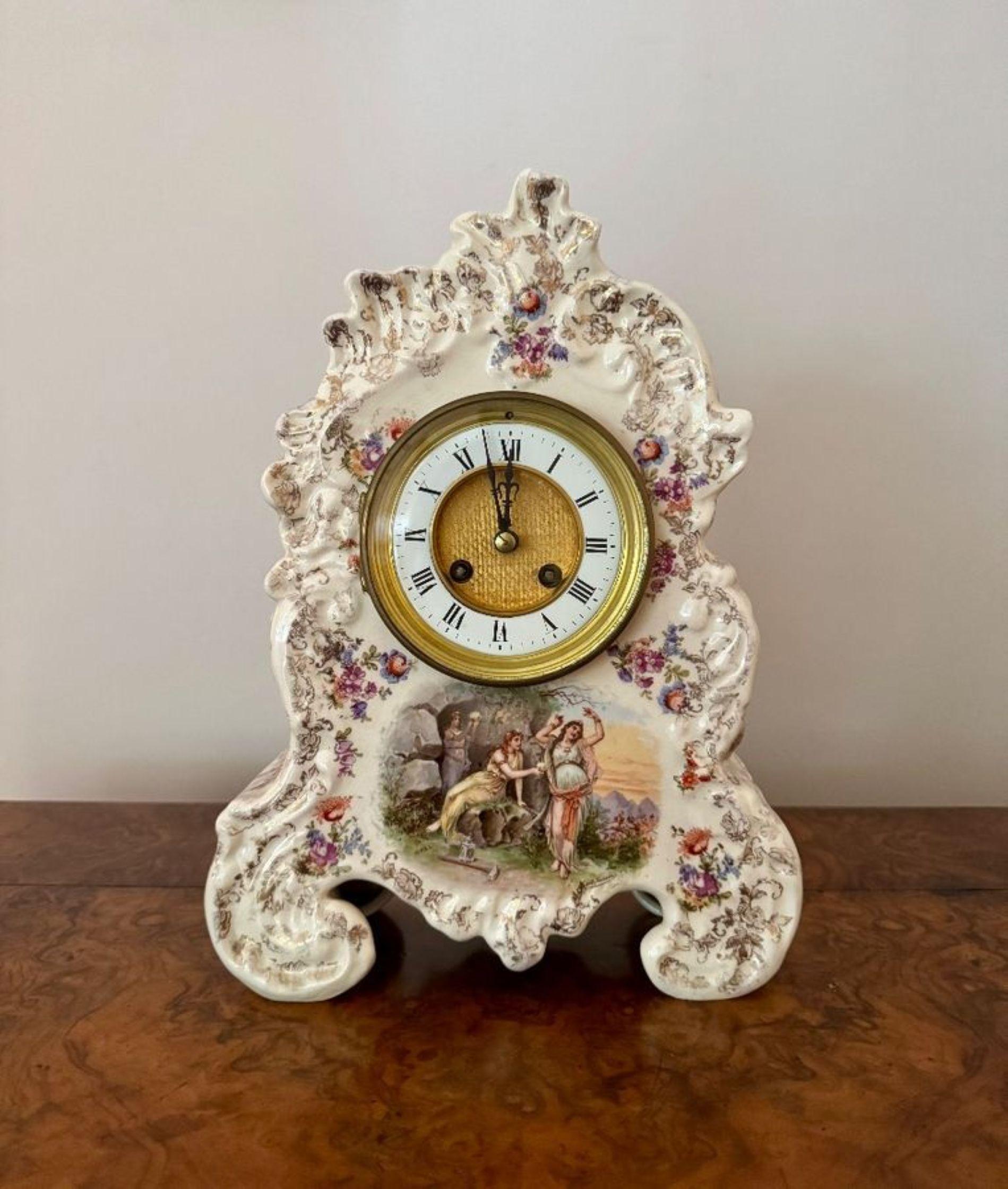 Porcelain Lovely quality antique late 19th century porcelain mantle clock garniture set For Sale