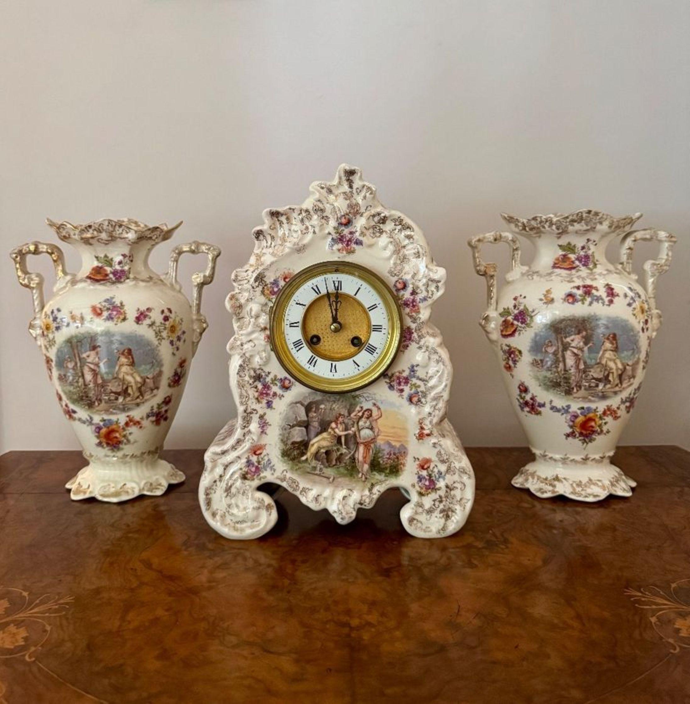 Lovely quality antique late 19th century porcelain mantle clock garniture set For Sale 1