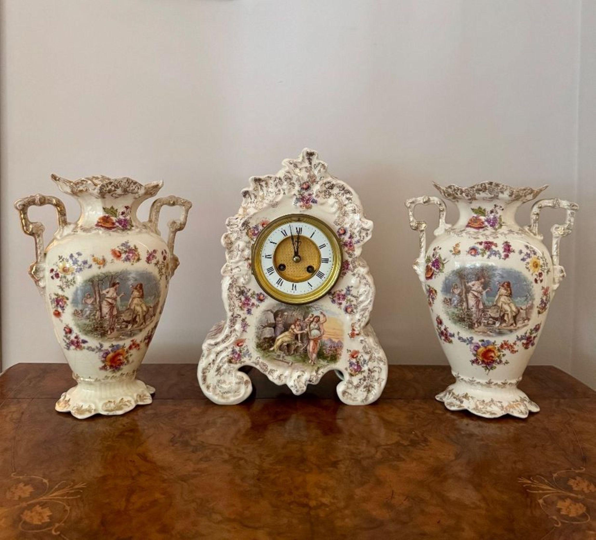 Lovely quality antique late 19th century porcelain mantle clock garniture set For Sale 2