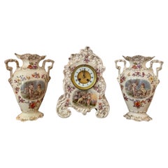 Lovely quality antique late 19th century porcelain mantle clock garniture set