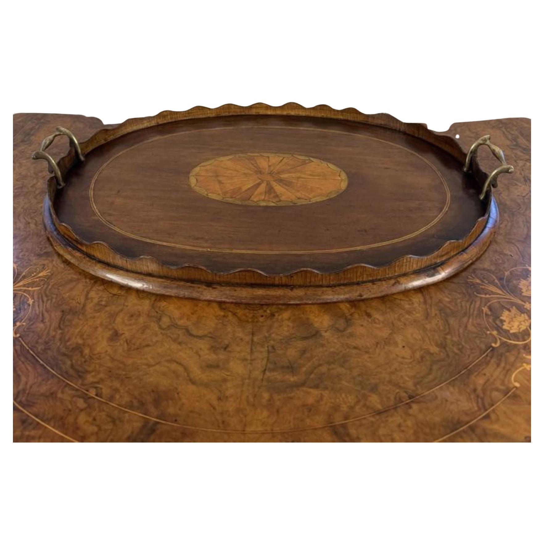 Preciosa bandeja de té antigua victoriana de caoba con incrustaciones de calidad
