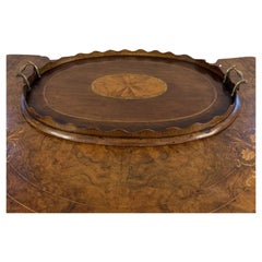 Preciosa bandeja de té antigua victoriana de caoba con incrustaciones de calidad