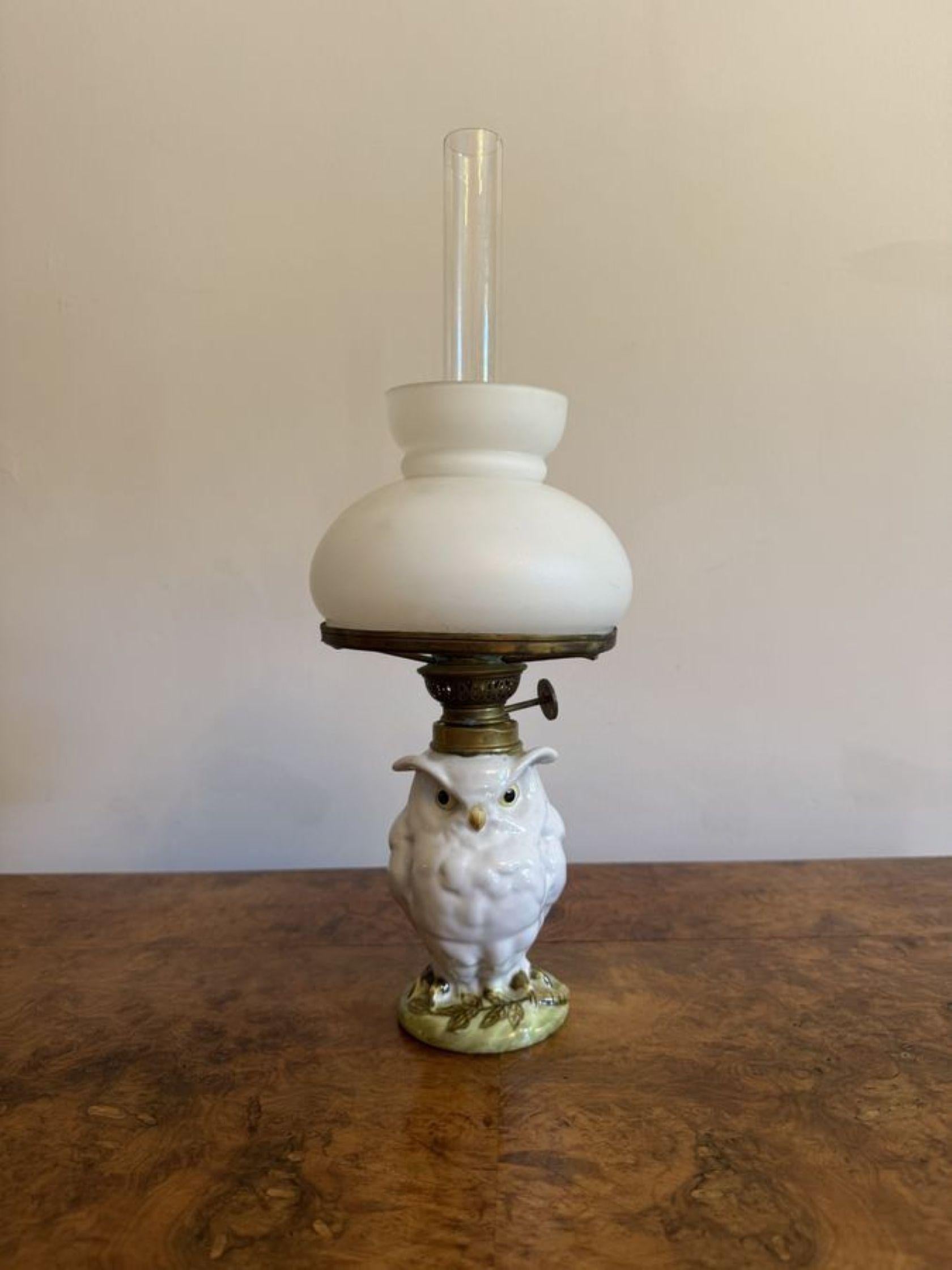 19th Century Lovely quality antique Victorian porcelain owl oil lamp For Sale
