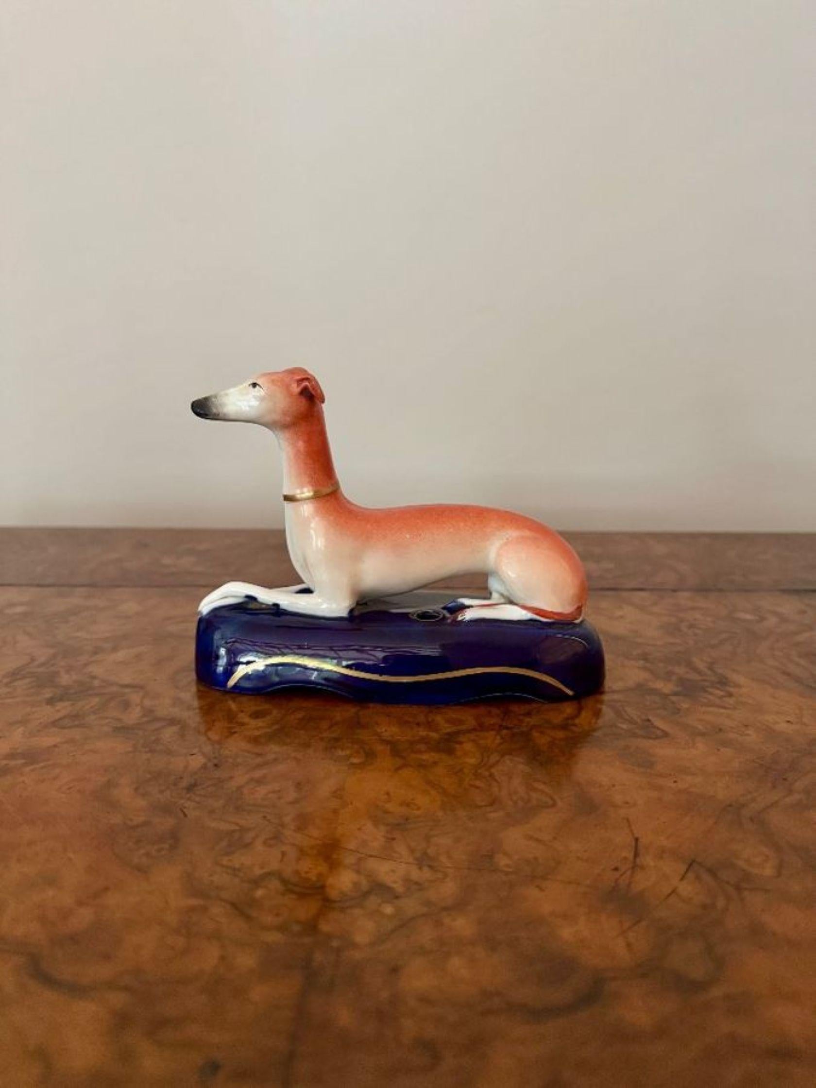 Inglese Lovely quality pair of antique Victorian Staffordshire greyhound inkwells in vendita