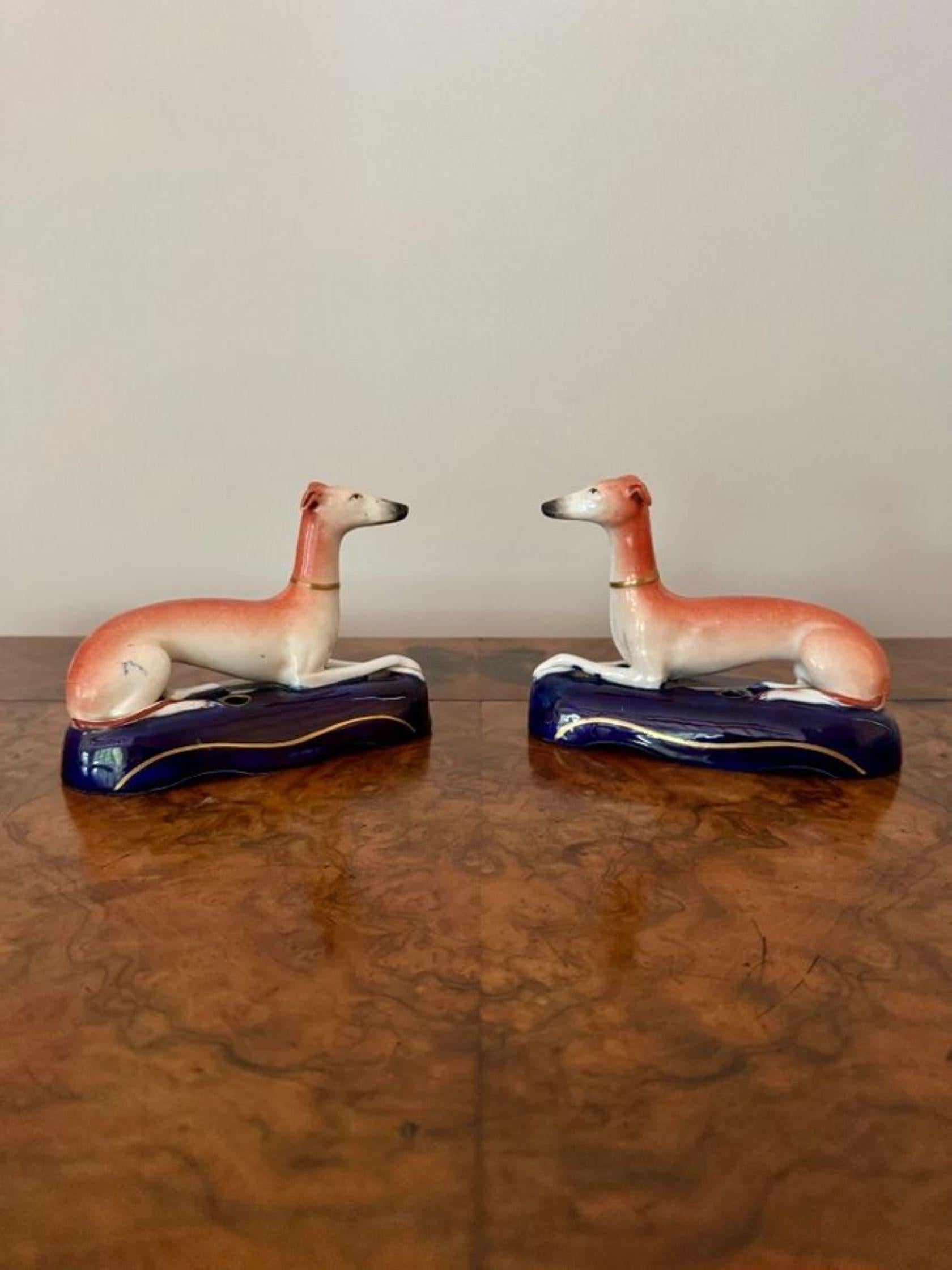 Dipinto a mano Lovely quality pair of antique Victorian Staffordshire greyhound inkwells in vendita