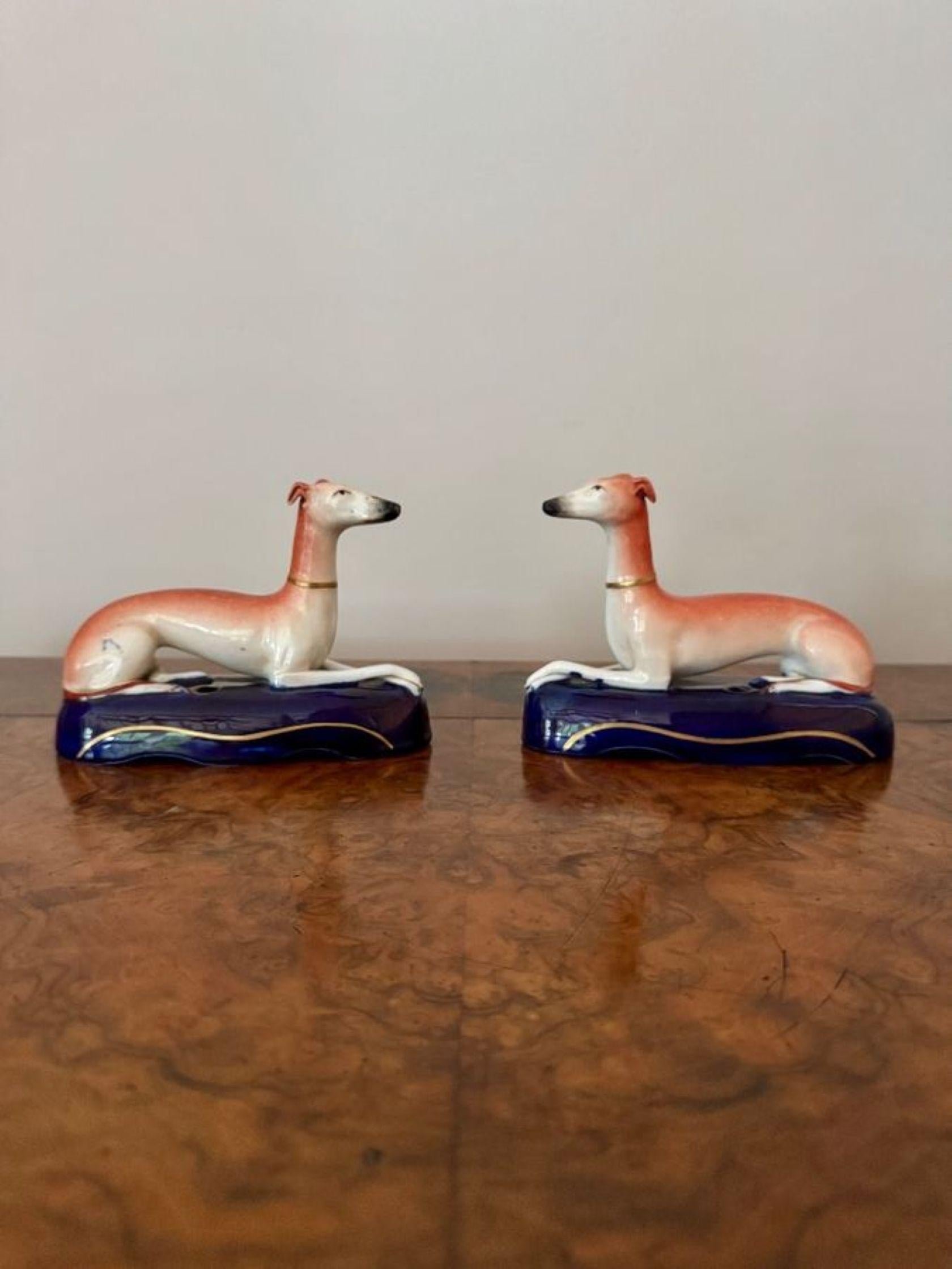 XIX secolo Lovely quality pair of antique Victorian Staffordshire greyhound inkwells in vendita