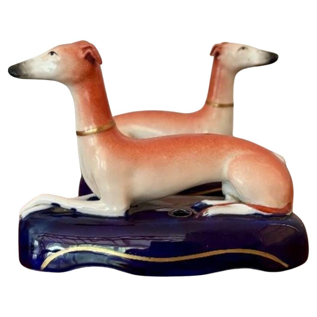 Lovely quality pair of antique Victorian Staffordshire greyhound inkwells