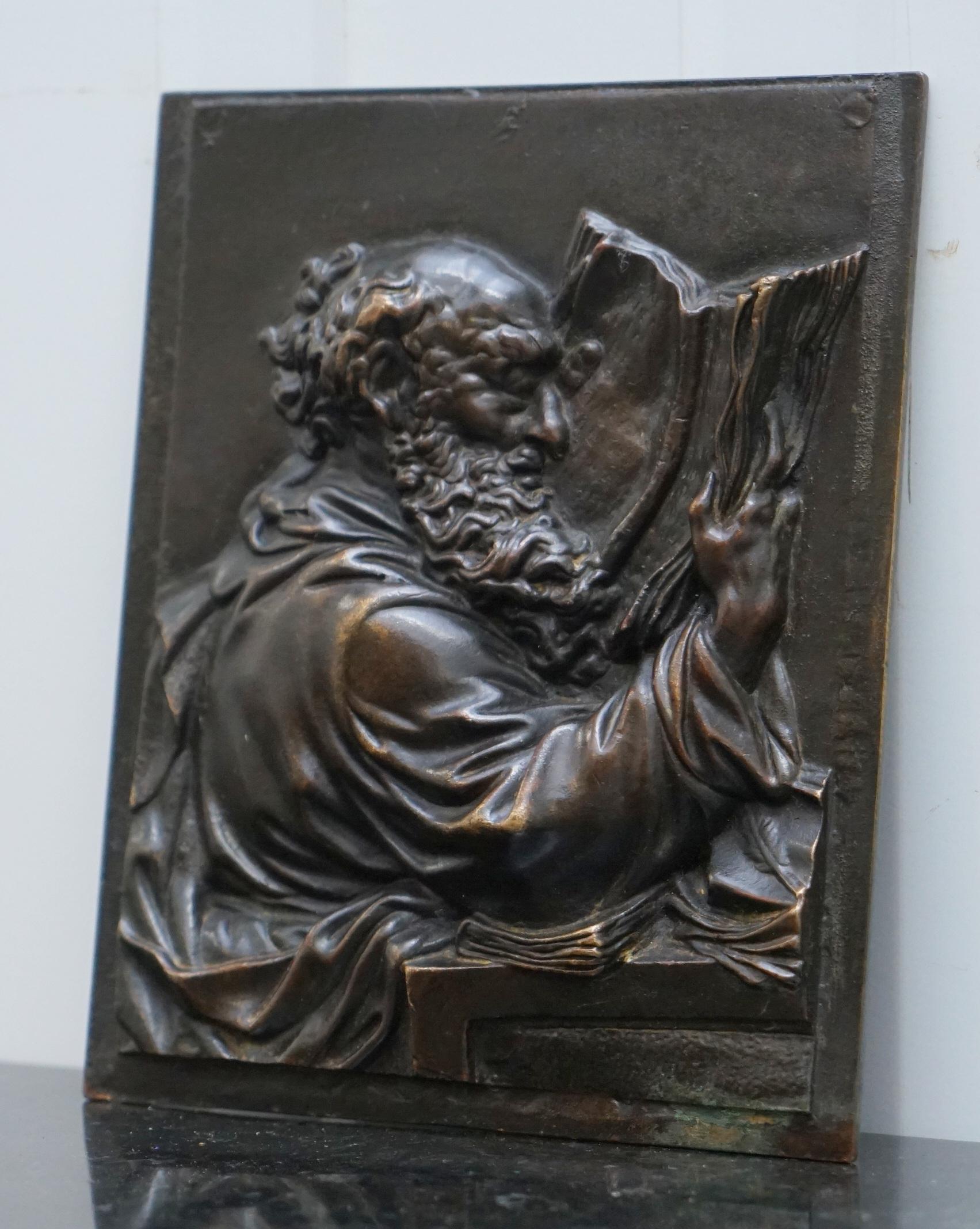 We are delighted to offer for sale this solid bronze 19th-century wall plaque of St Jerome reading

Jerome (/d??'ro?m/; Latin: Eusebius Sophronius Hieronymus; Greek: ??s?ß??? S?f?????? ?e????µ??; c. 347 – 30 September 420) was a priest, confessor,