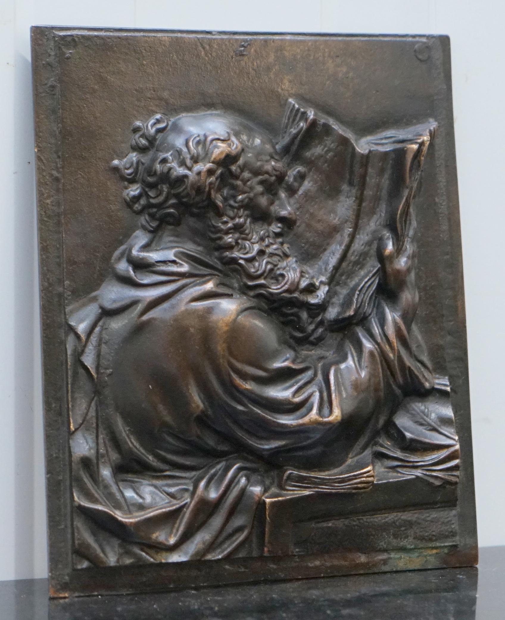 Victorian Lovely Rare 19th Century Bronze Wall Plaque of Scholar St Jerome Reading a Book