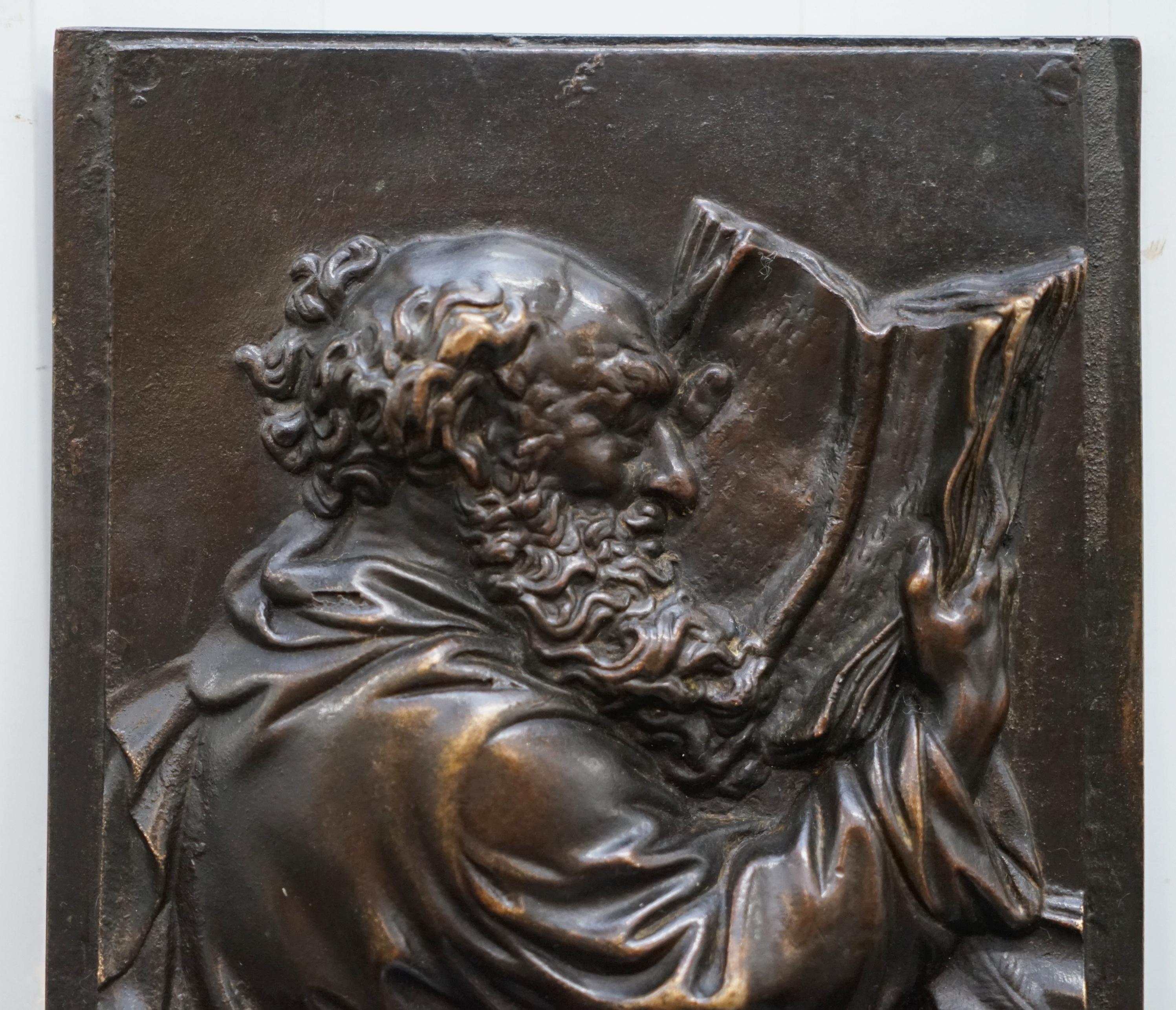 Italian Lovely Rare 19th Century Bronze Wall Plaque of Scholar St Jerome Reading a Book