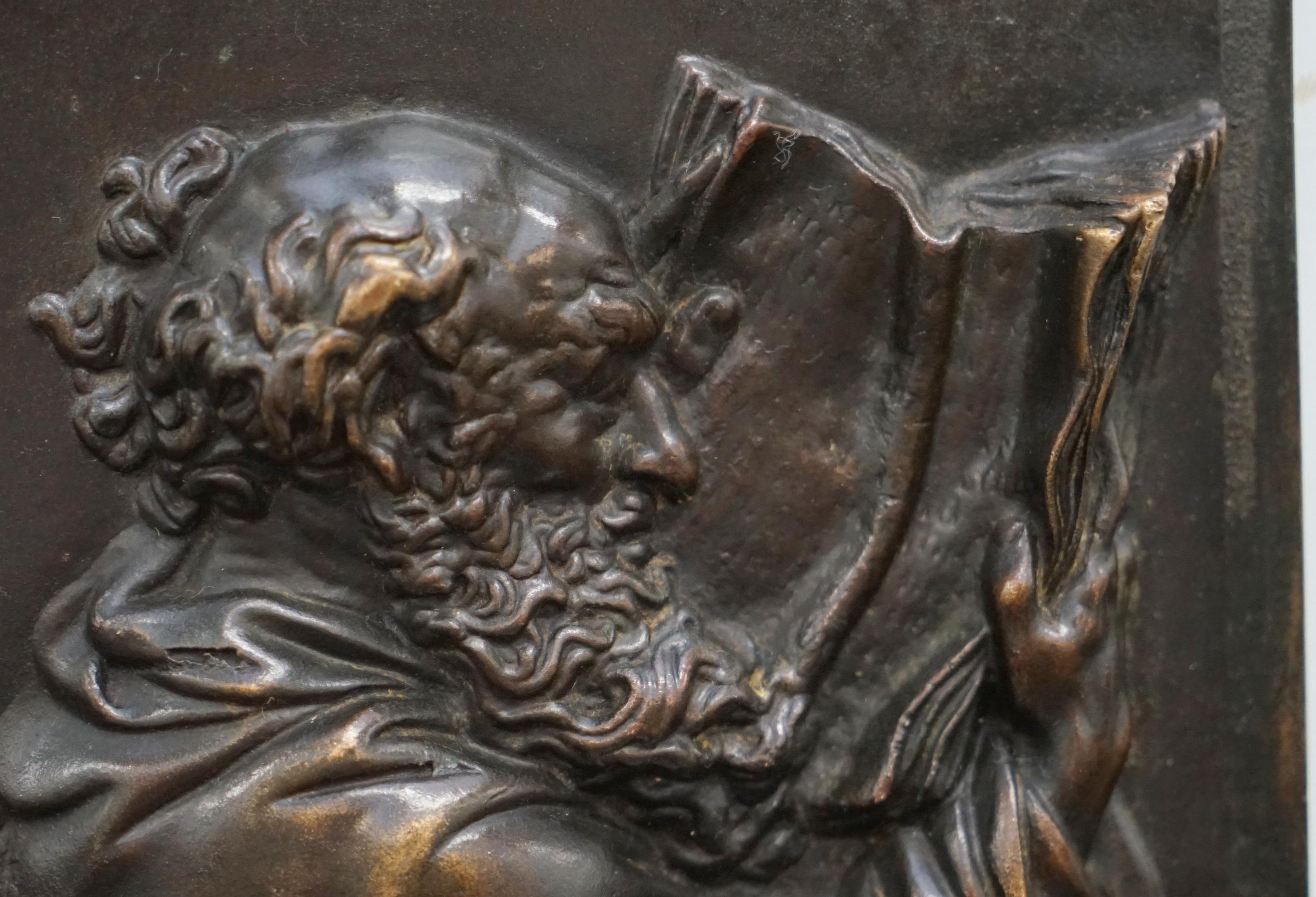 Lovely Rare 19th Century Bronze Wall Plaque of Scholar St Jerome Reading a Book 1