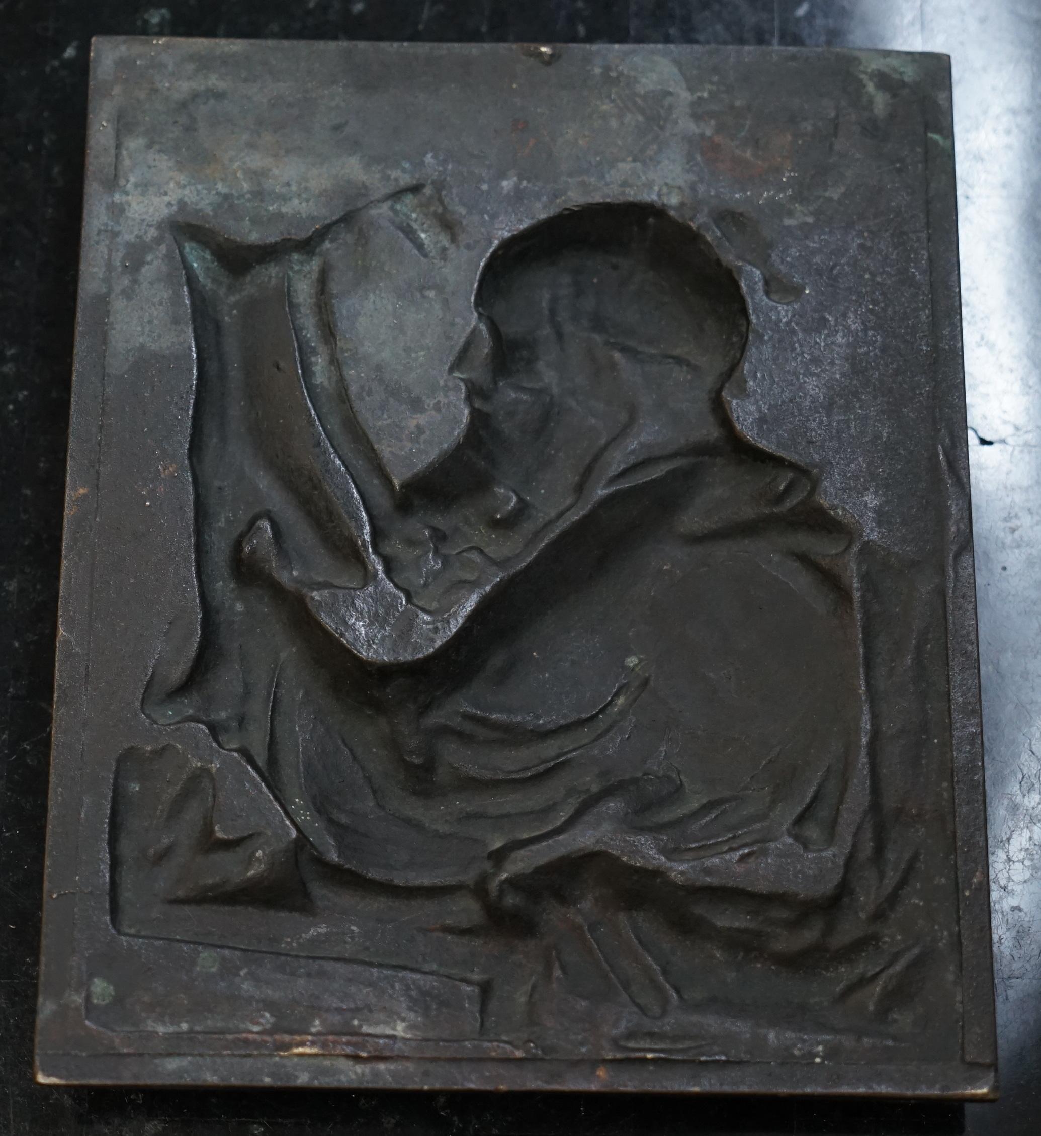 Lovely Rare 19th Century Bronze Wall Plaque of Scholar St Jerome Reading a Book 5