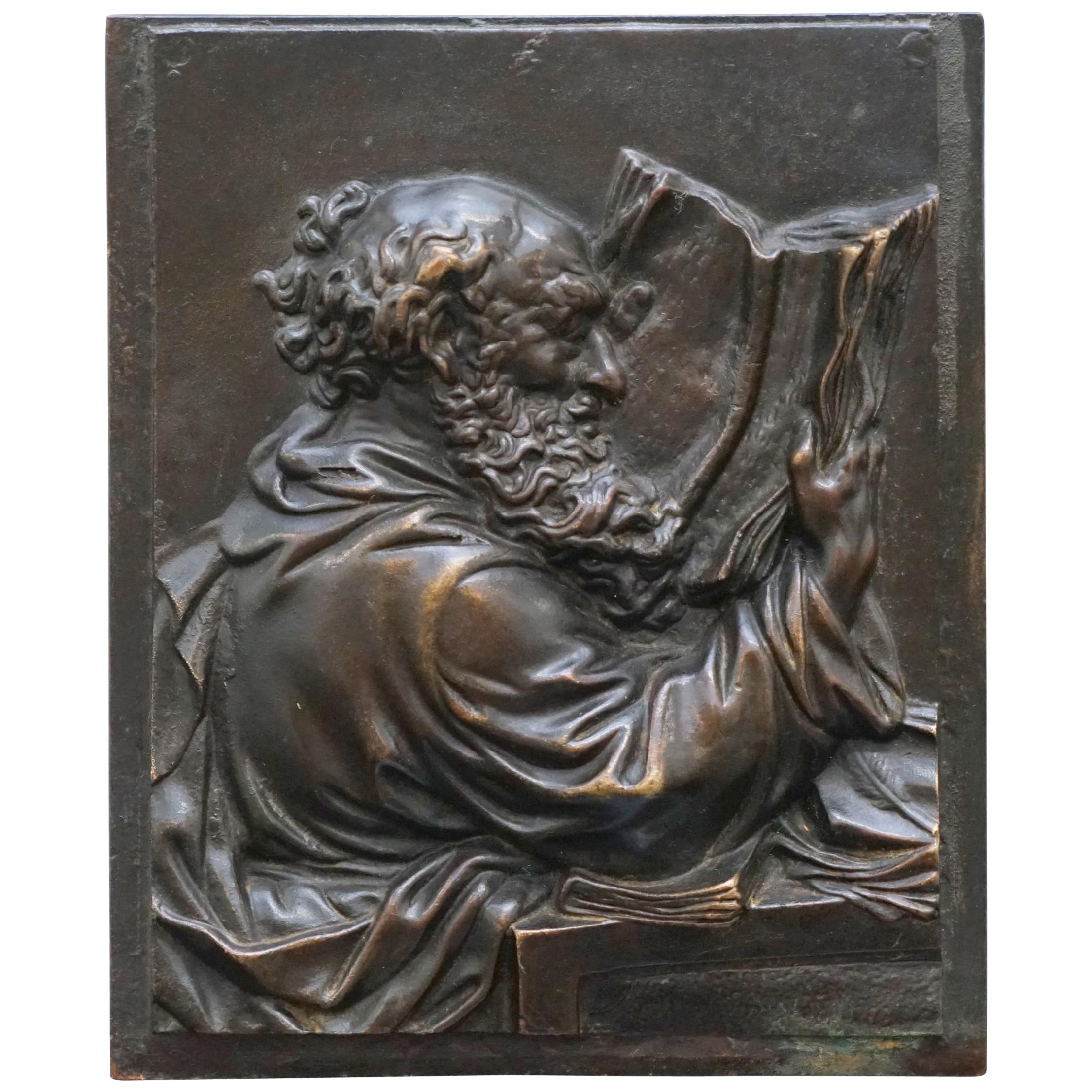 Lovely Rare 19th Century Bronze Wall Plaque of Scholar St Jerome Reading a Book