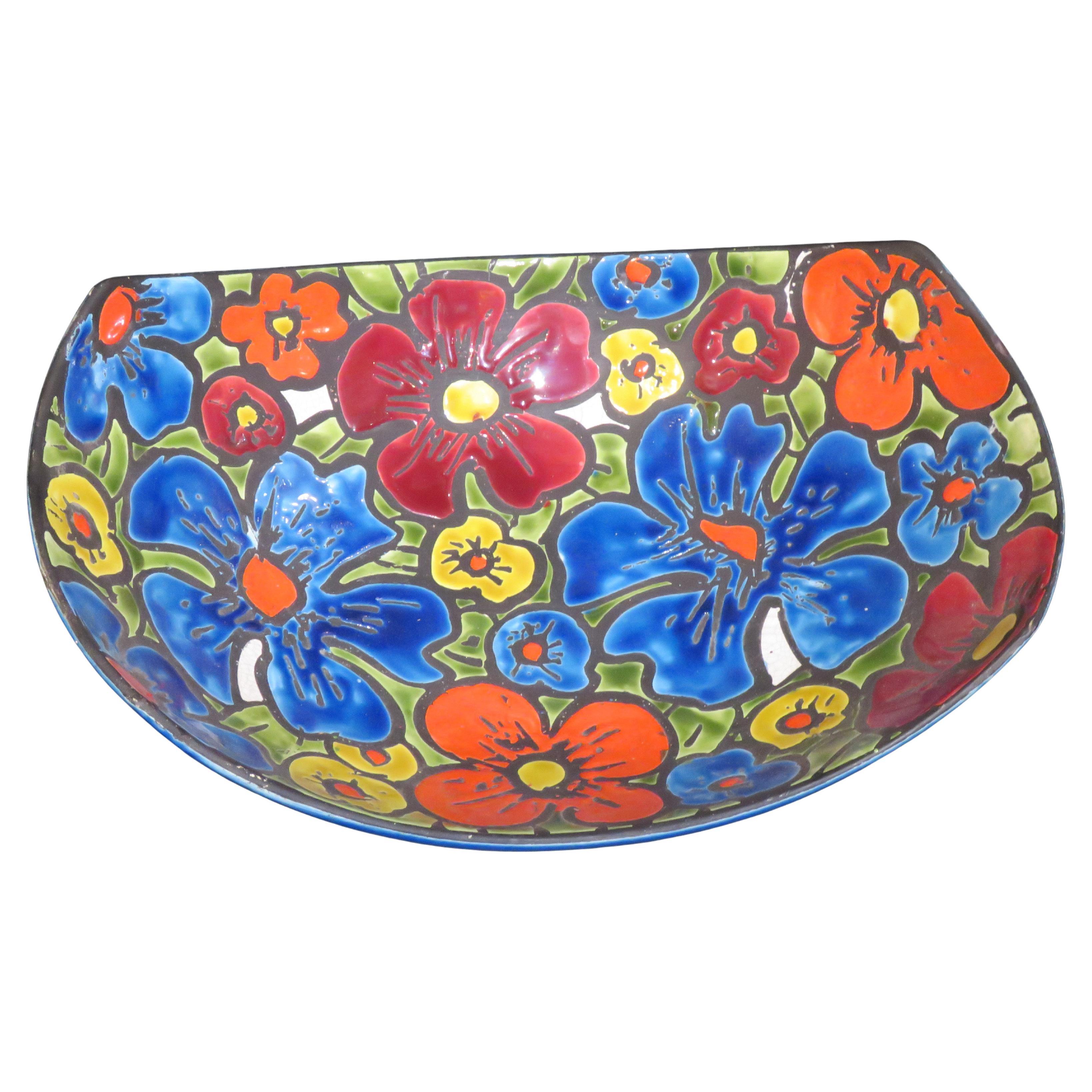 Ravissant et rare, rare et original, grand bol à fleurs en majolique italienne