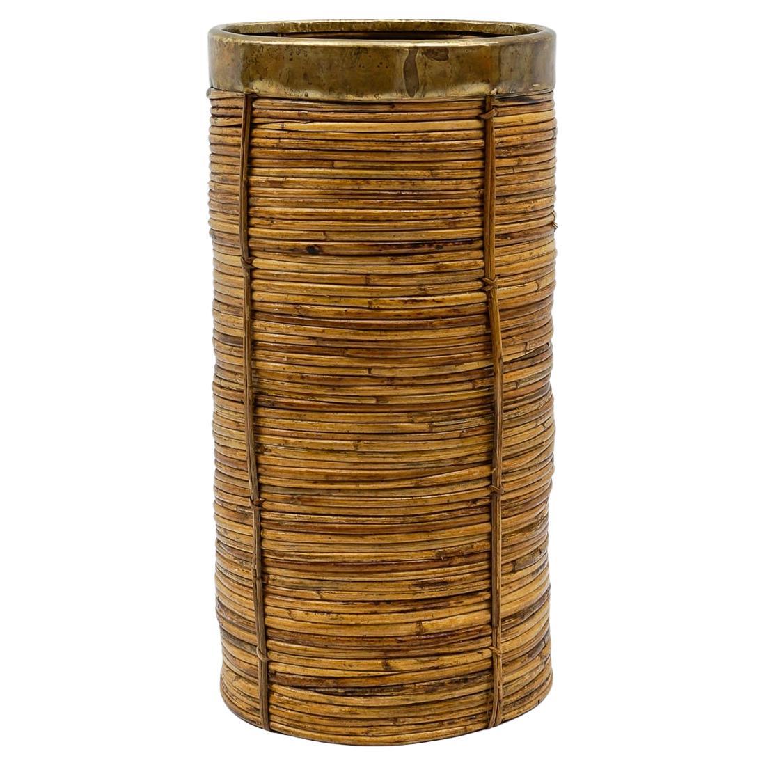 Lovely Rattan and Brass Umbrella Stand in Gabriella Crespi Style, 1970s Italy For Sale