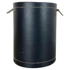 lovely real black leather paper bin basket Auböck Style, Germany 1970s