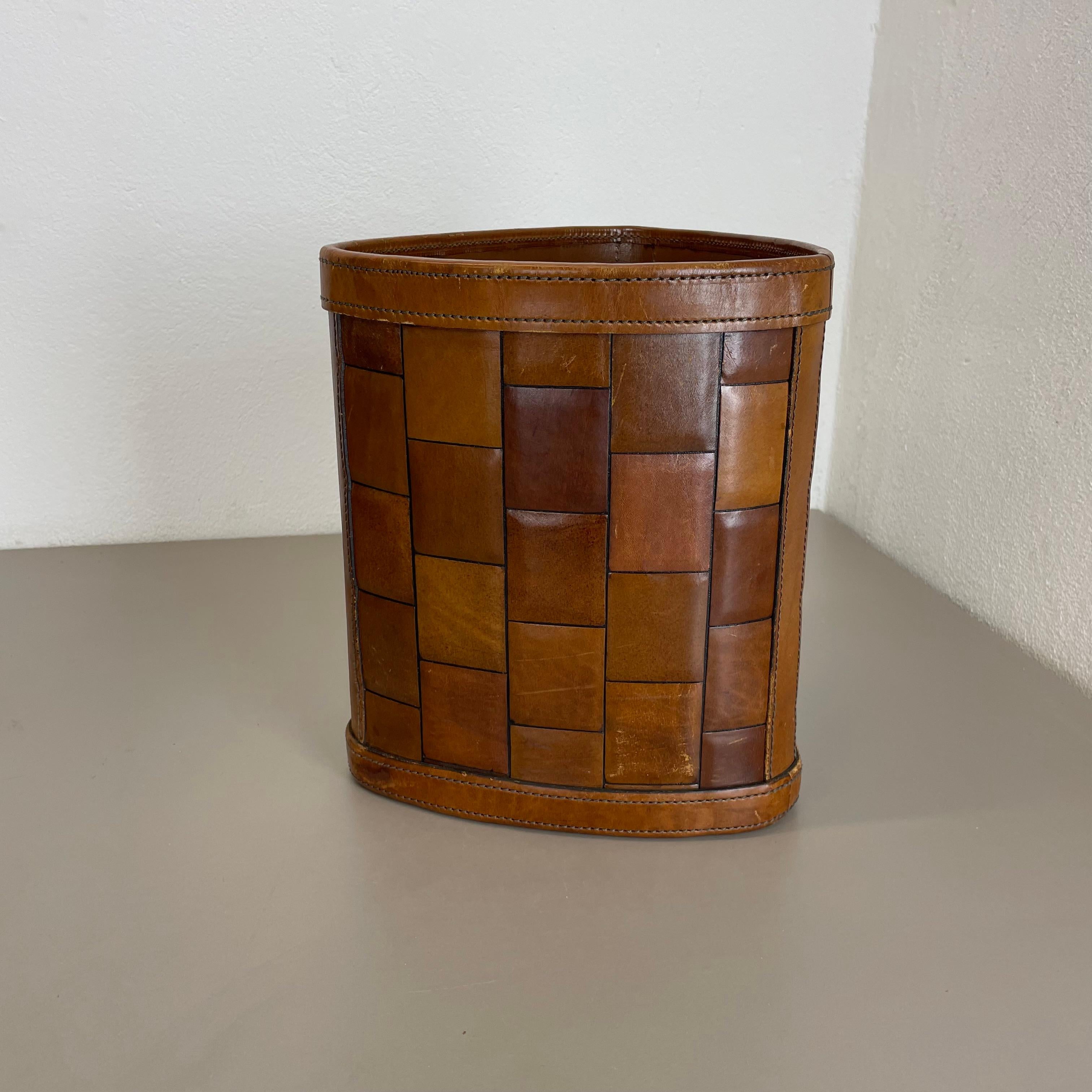 French lovely real leather PATCHWORK paper bin basket Auböck Style, Germany 1960s For Sale