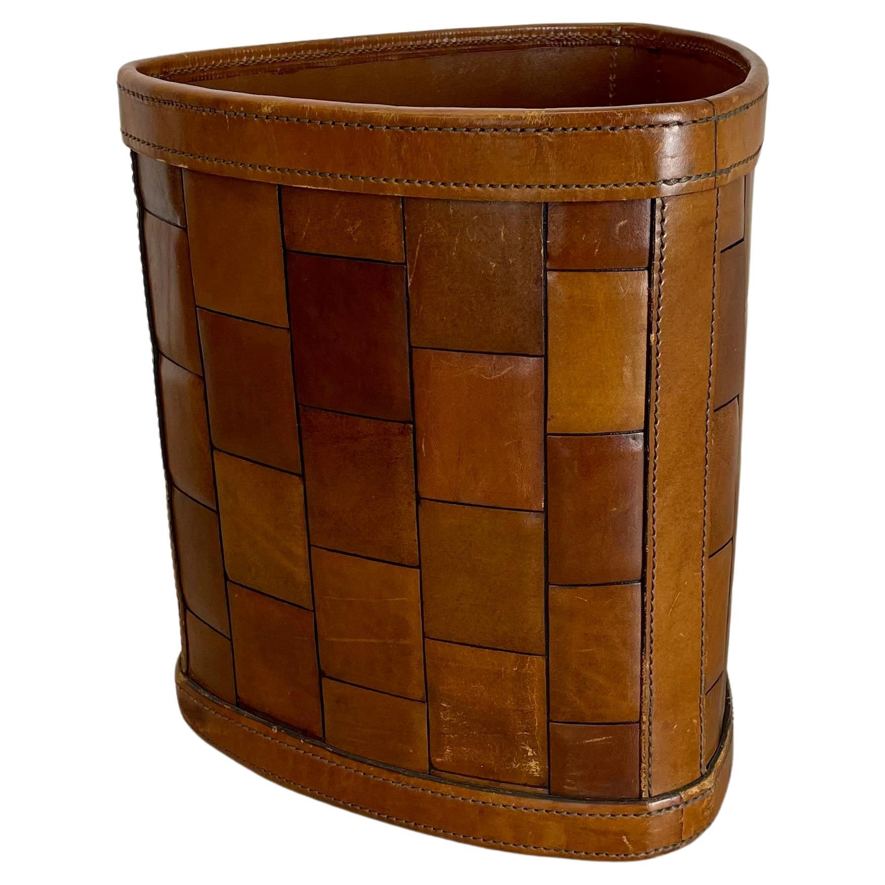 lovely real leather PATCHWORK paper bin basket Auböck Style, Germany 1960s For Sale