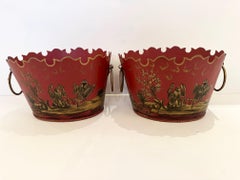 Lovely Red & Gold Chinoiserie Style Tole Cachepots