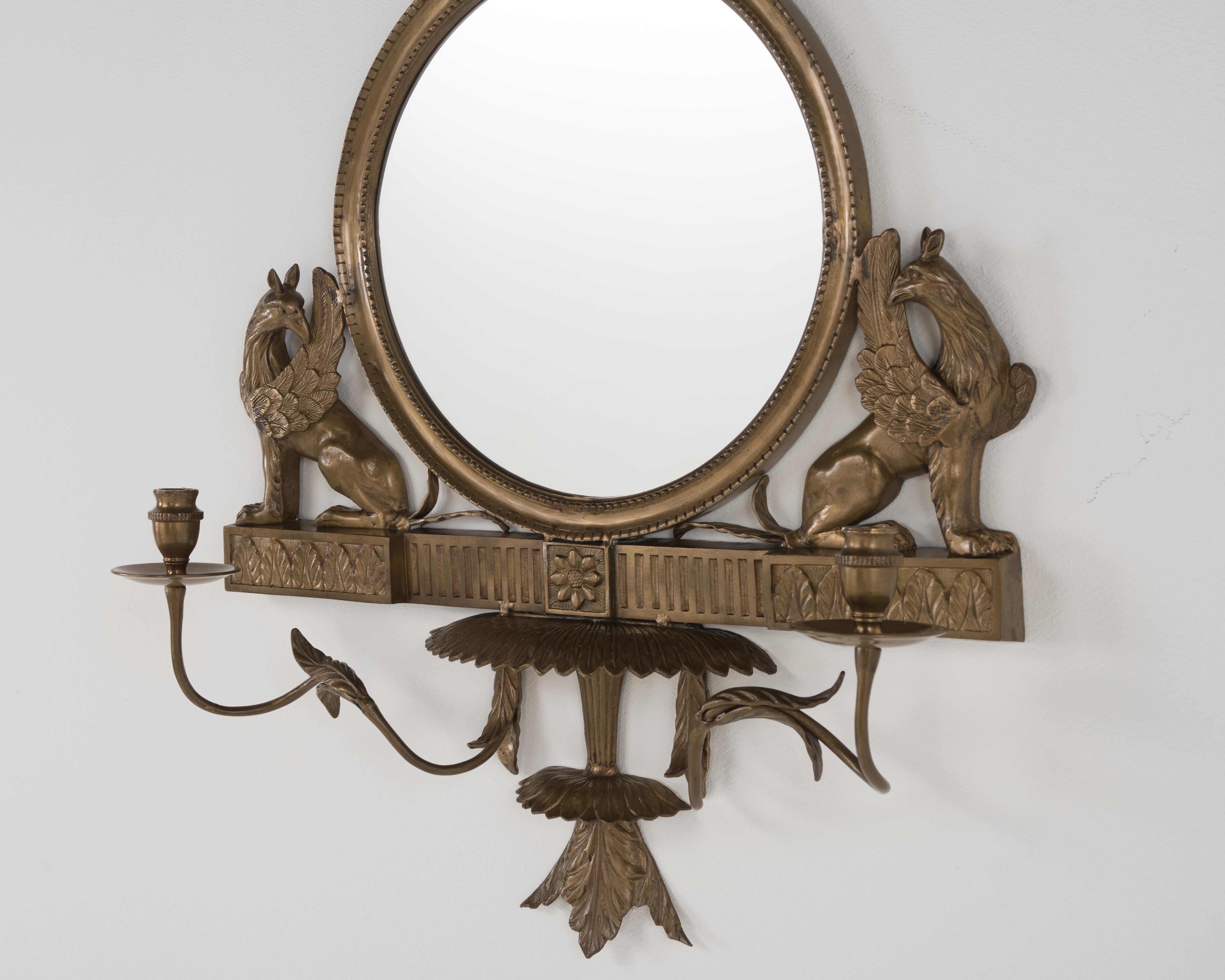 Italian Lovely Regency Style Bronze Mirror with Griffins and Candle Sconces