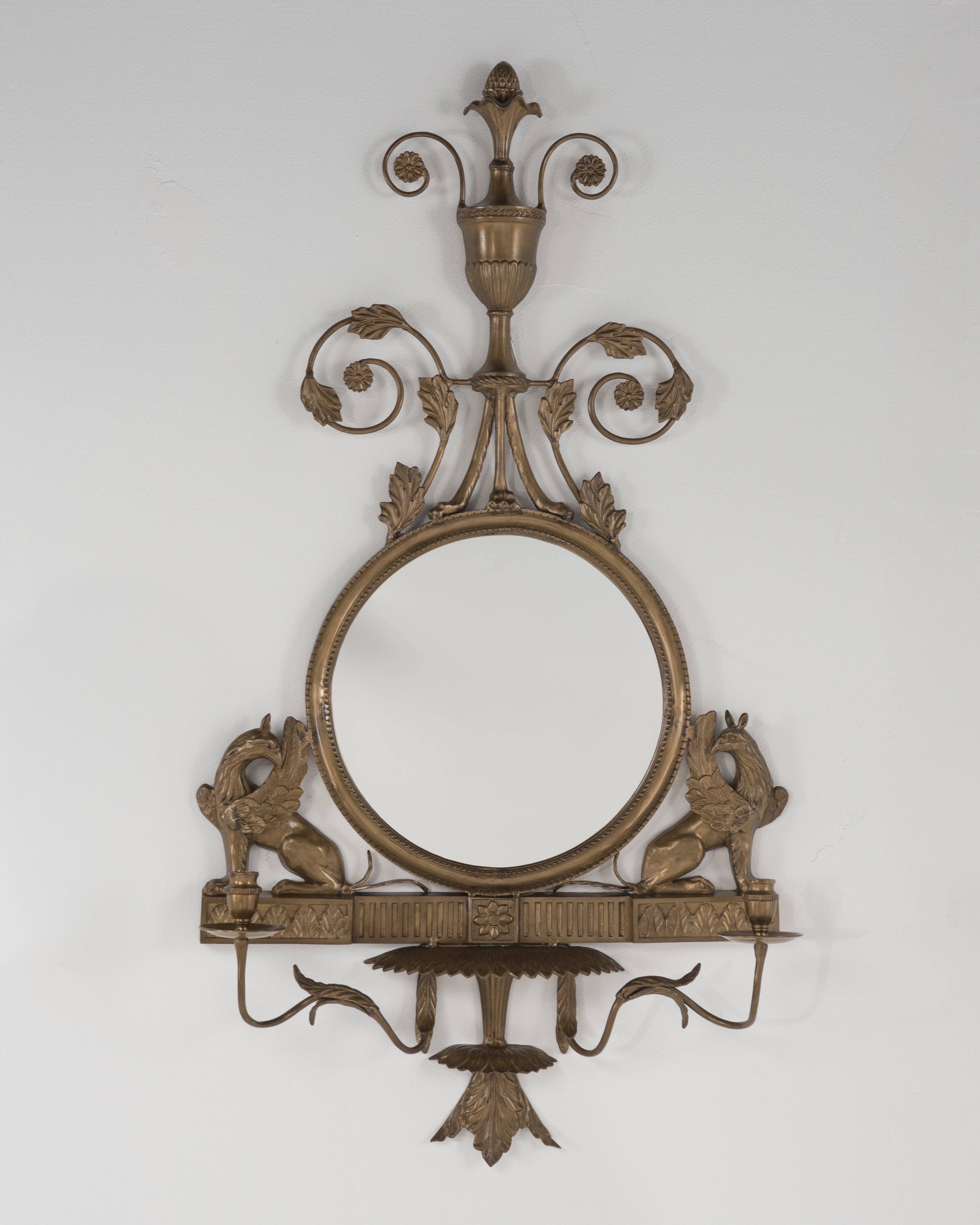 Lovely Regency Style Bronze Mirror with Griffins and Candle Sconces In Excellent Condition In Hopewell, NJ