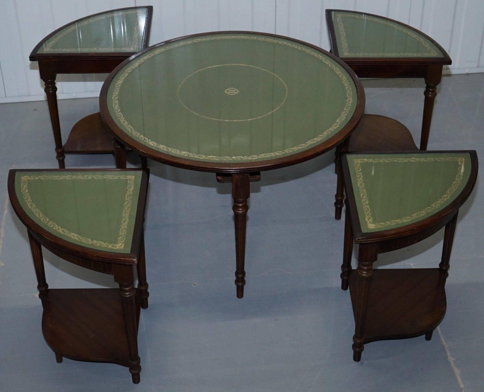 Lovely Regency Style Drum Coffee Table with Nested Tables under Green Leather 3