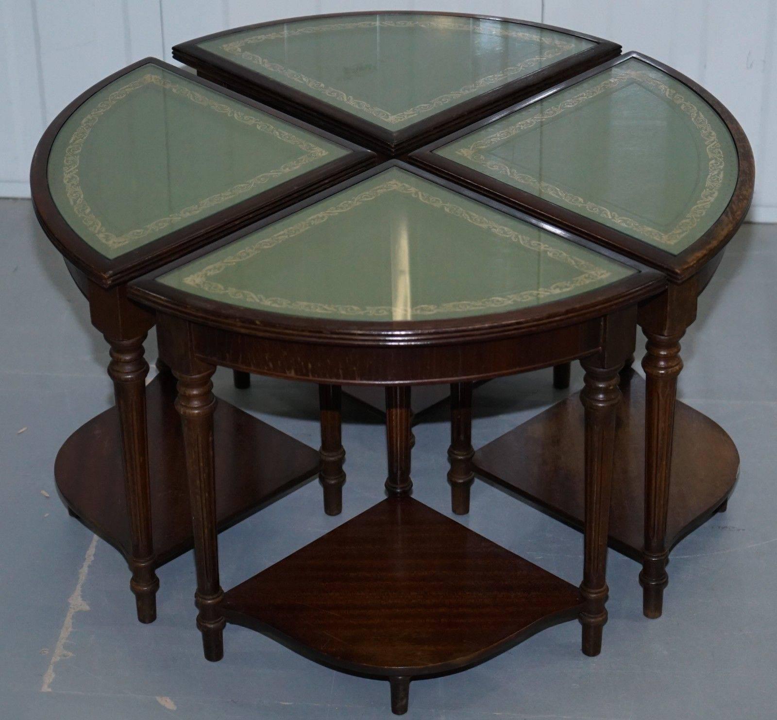 Lovely Regency Style Drum Coffee Table with Nested Tables under Green Leather 4