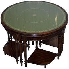 Vintage Lovely Regency Style Drum Coffee Table with Nested Tables under Green Leather