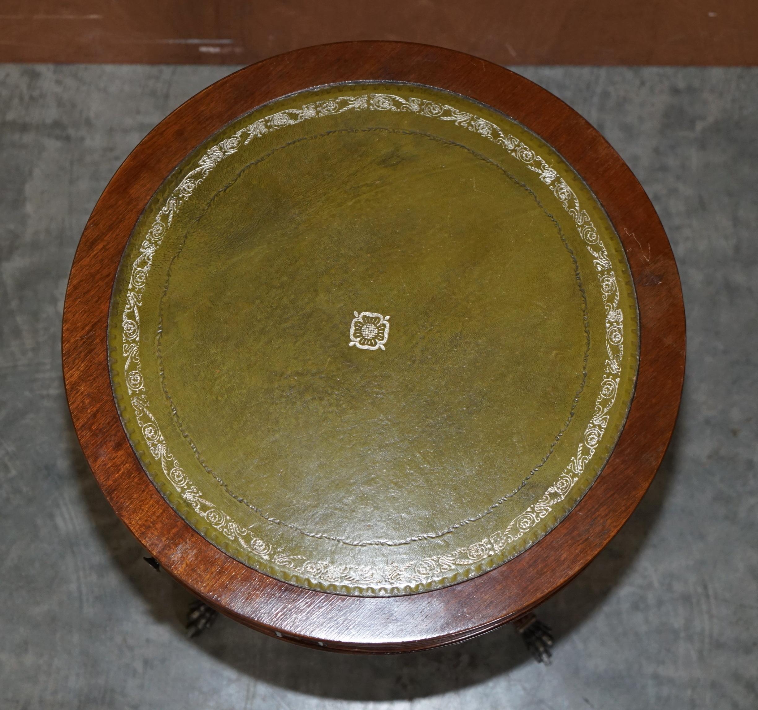 We are delighted to offer for sale this lovely Regency style mahogany drum table with green leather top and two drawers

A good-looking piece, the leather top has nicely aged, it has gold leaf embossing

We have deep cleaned hand condition waxed