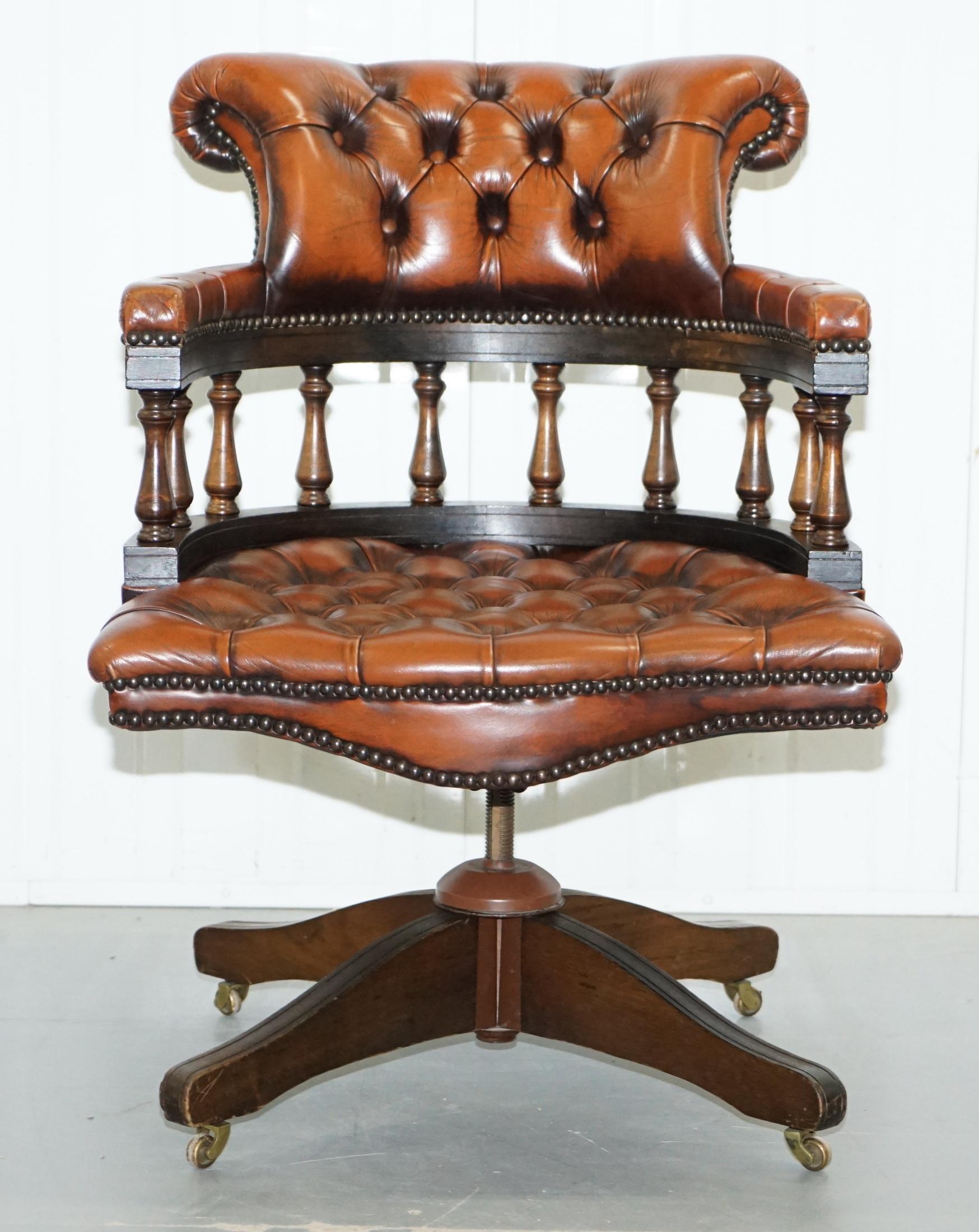We are delighted to offer for sale this lovely restored 1967 stamped Chesterfield fully buttoned aged brown leather captains chair 

This piece has been lightly restored to include a deep clean, hand condition wax and hand polished, the leather