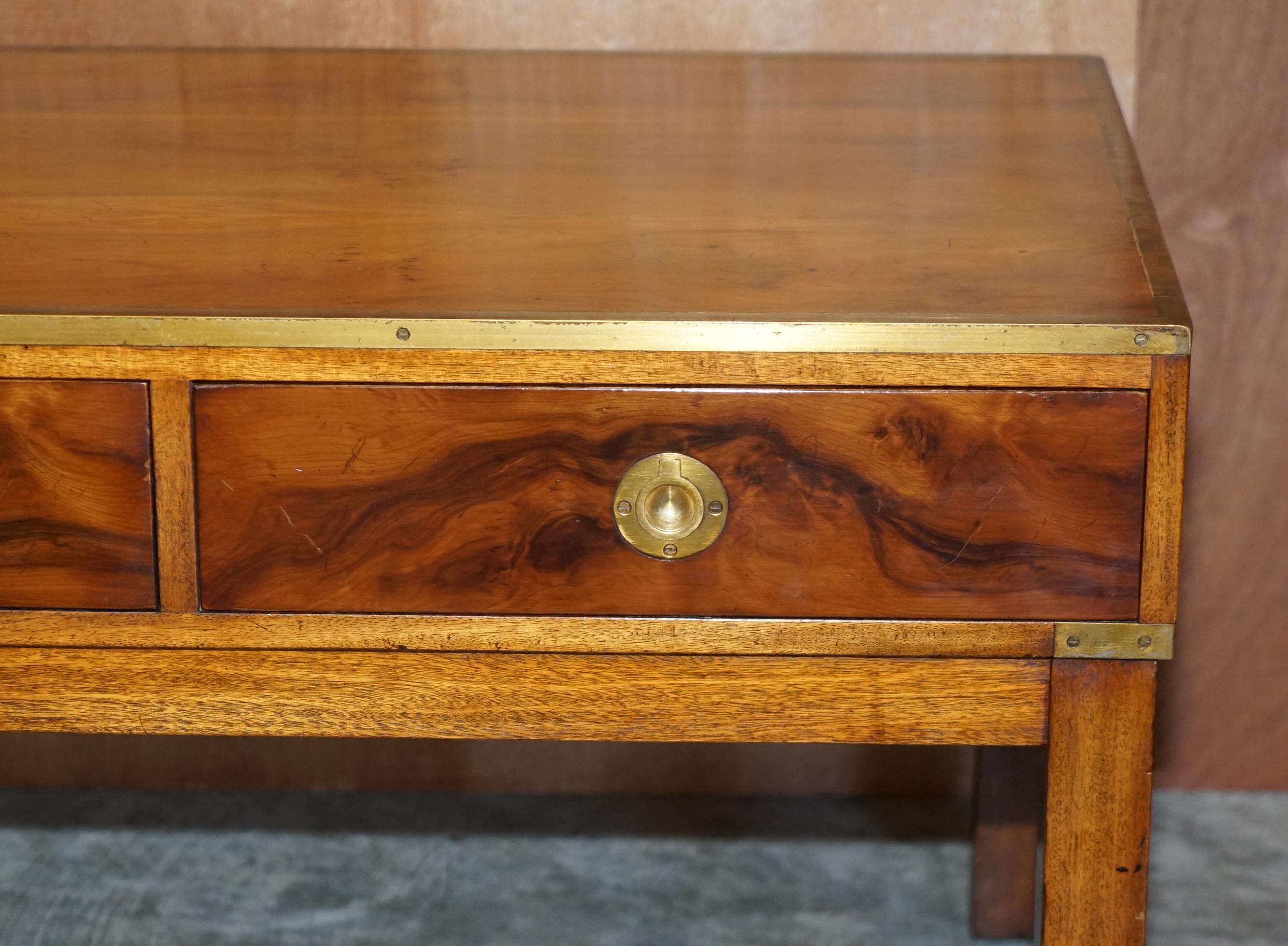 Lovely Restored Burr Walnut & Brass Military Campaign Three Drawer Coffee Table For Sale 5