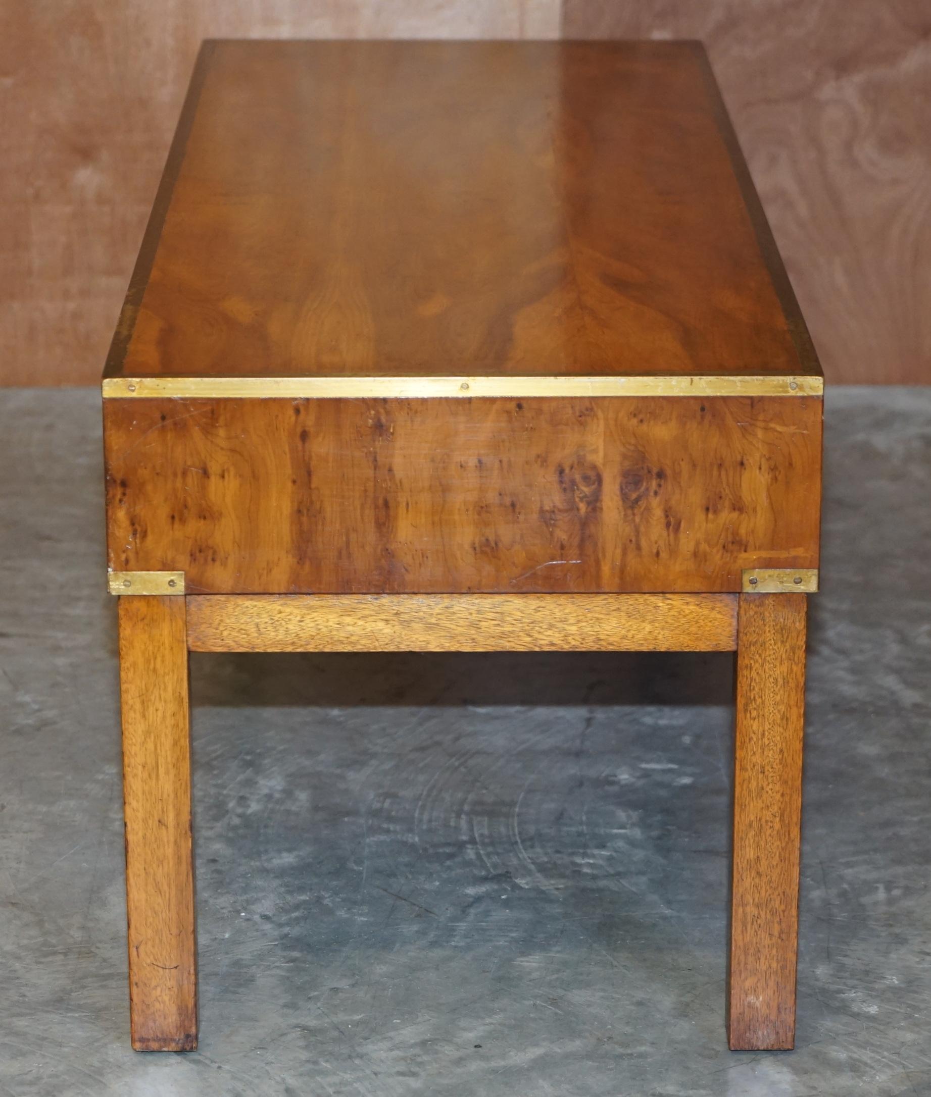 Lovely Restored Burr Walnut & Brass Military Campaign Three Drawer Coffee Table For Sale 6