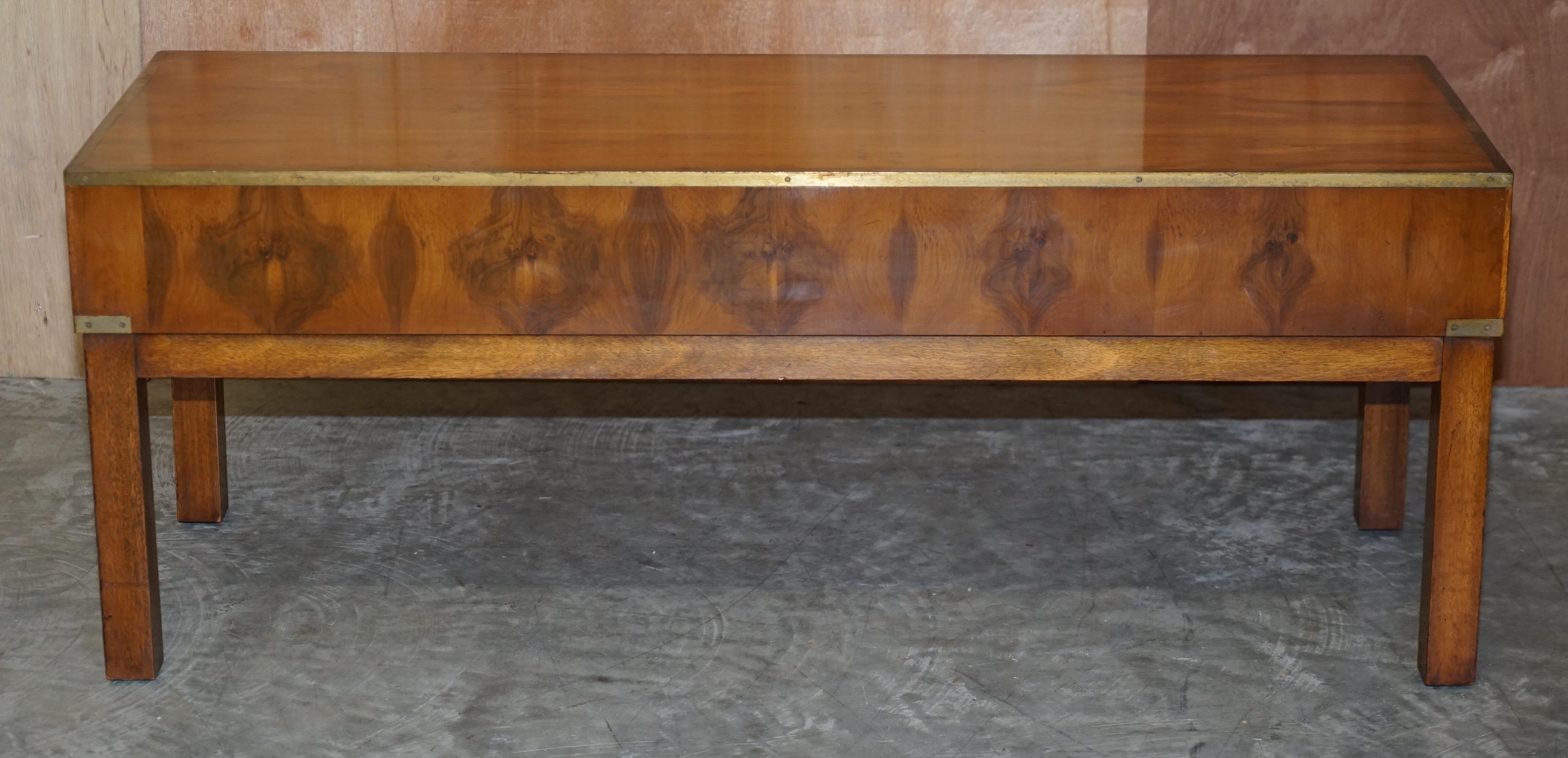 Lovely Restored Burr Walnut & Brass Military Campaign Three Drawer Coffee Table For Sale 7